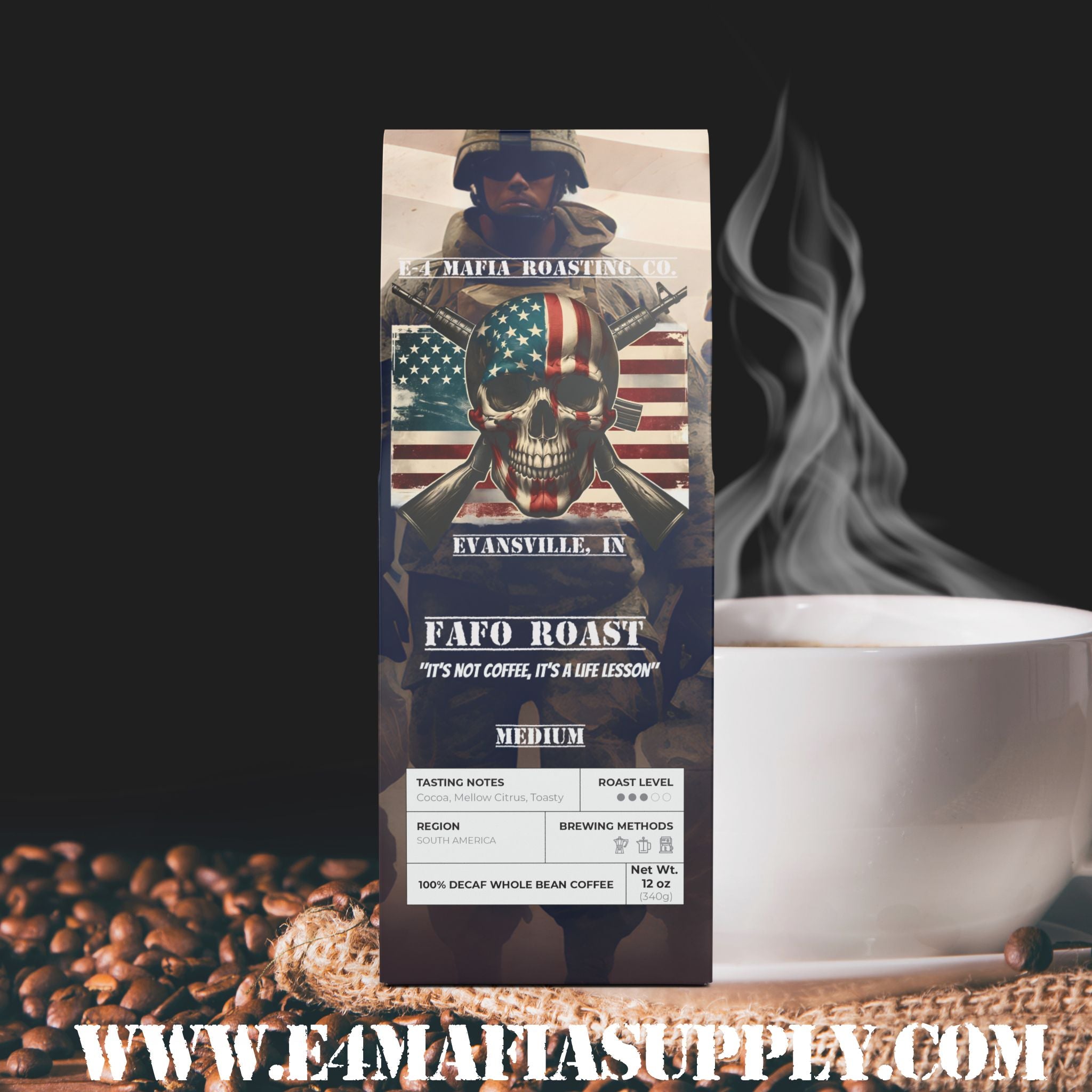 FAFO Roast – Patriotic Veteran Coffee Blend with American Flag and Skull Design