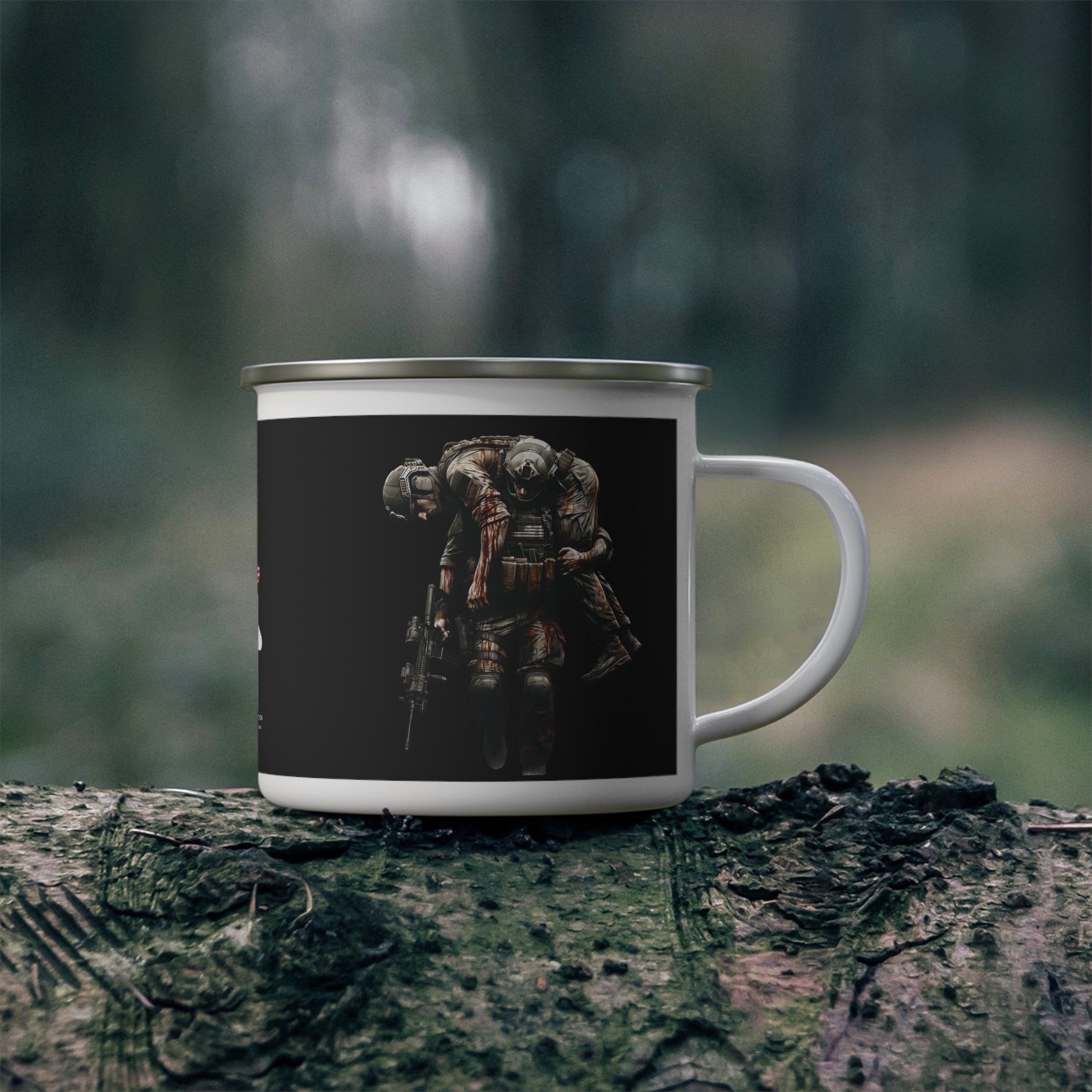 Fallen Brother Coffee Cup – Soldier Carrying Soldier Tribute Enamel Mug
