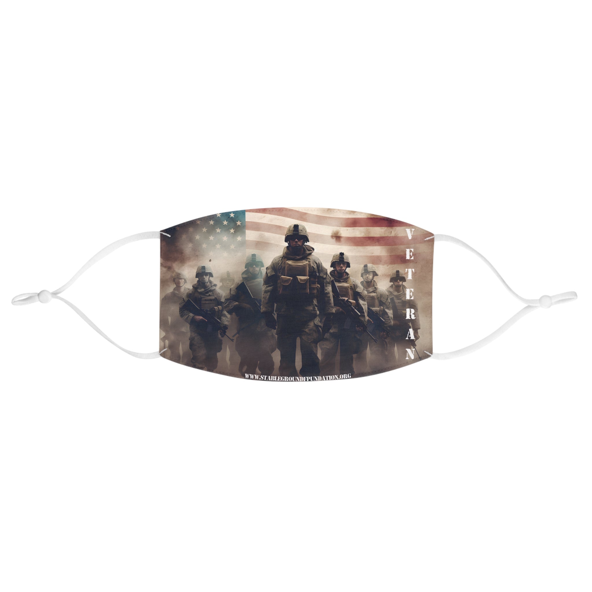 Patriotic face mask featuring soldiers marching forward under the American flag with the word veteran on the side.