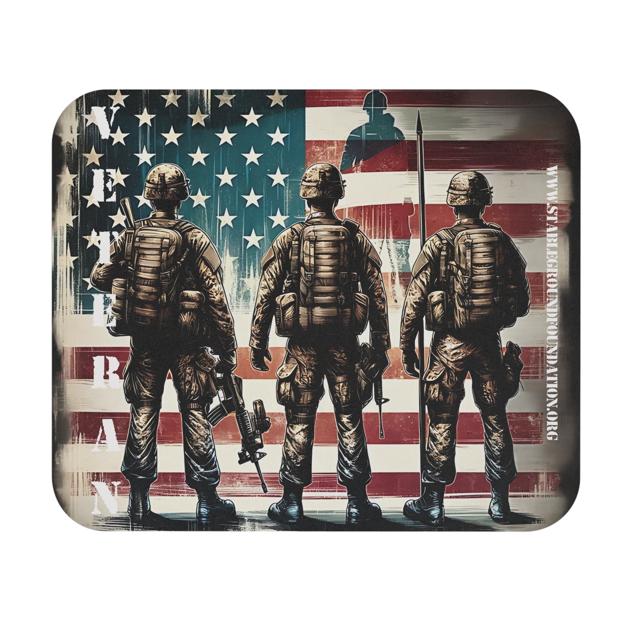 Mouse pad with three soldiers standing before an American flag and the word Veteran printed vertically on the left side.