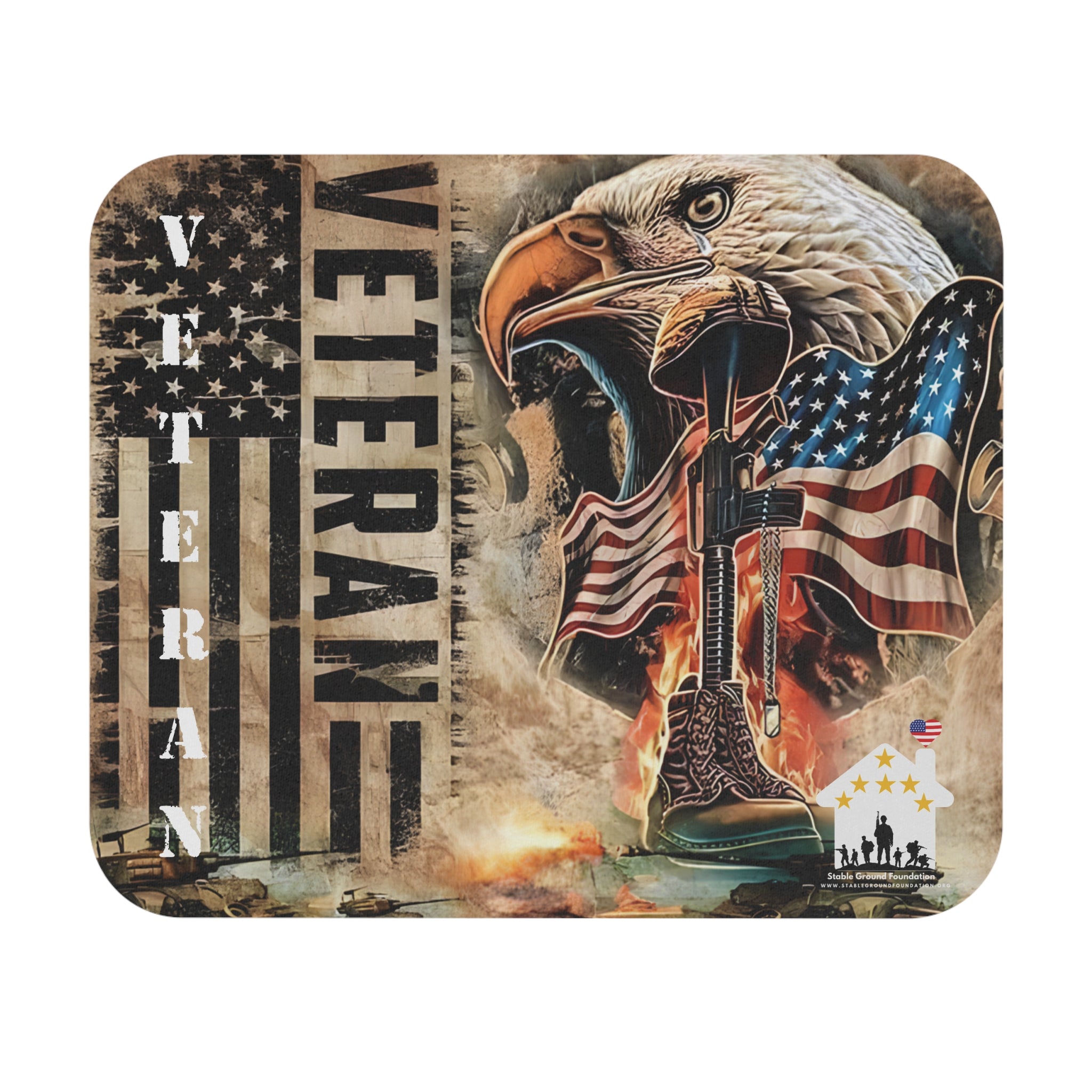 Veteran mouse pad with bald eagle, American flag, combat boots, and rifle memorial design.