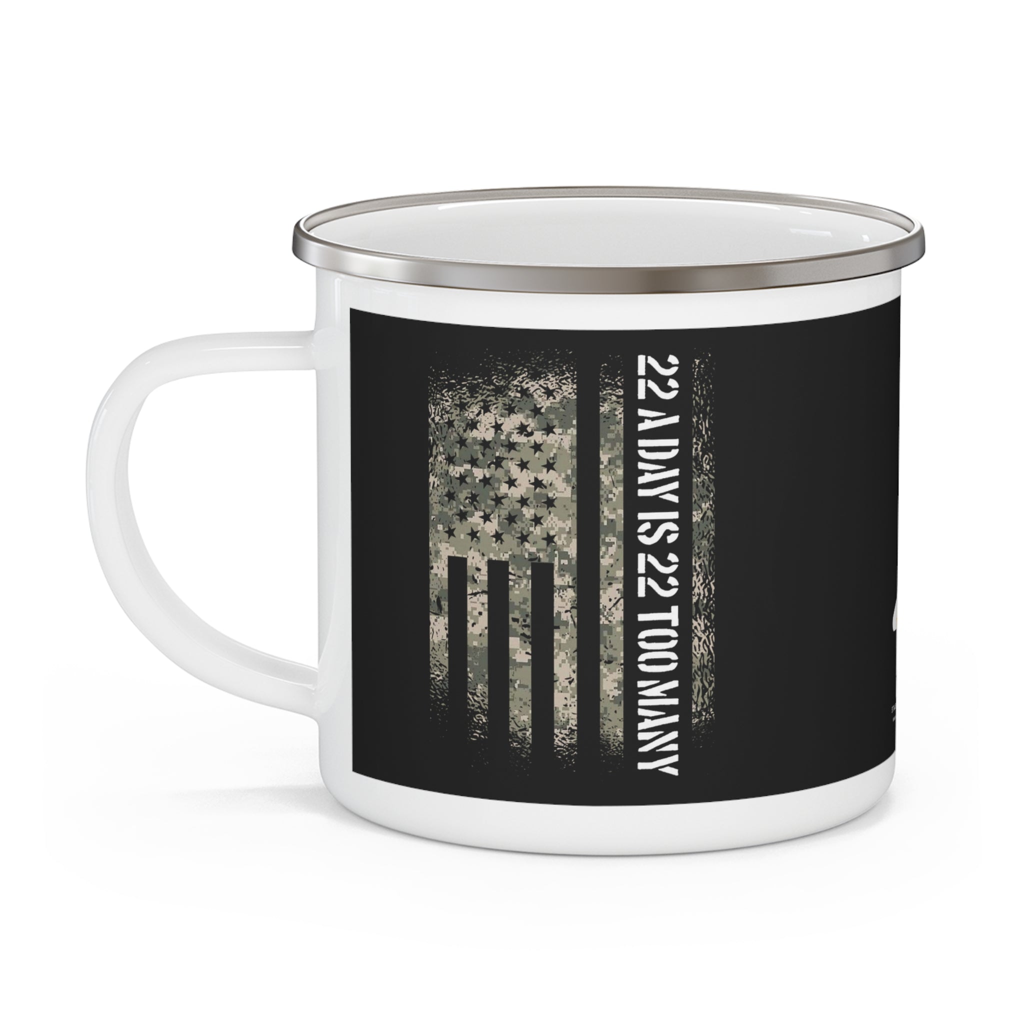 22 A Day Veteran Awareness Enamel Mug – American Flag Military Tribute Coffee Cup
