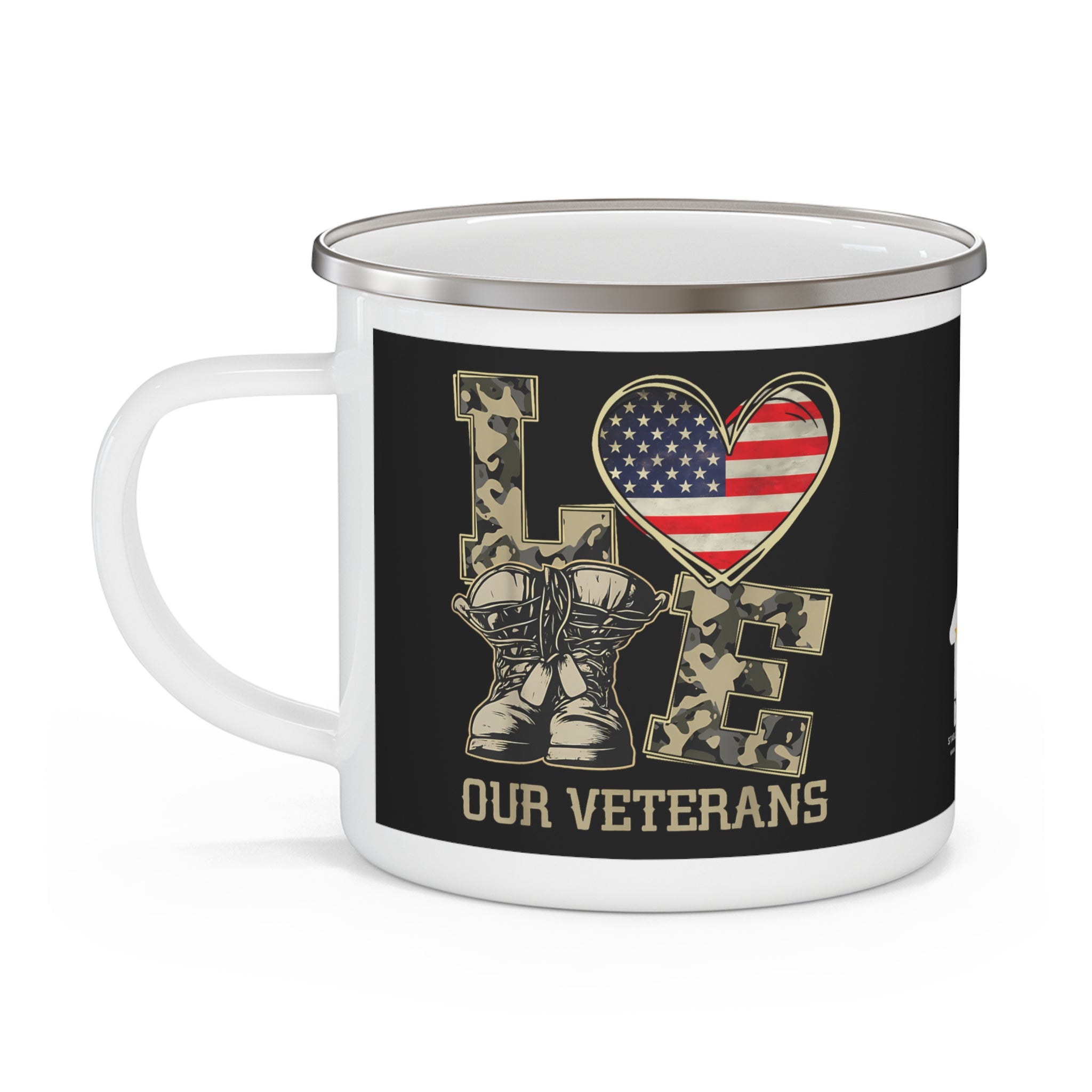 “Love Our Veterans” Enamel Mug with Camo Letters, American Flag Heart, and Combat Boots