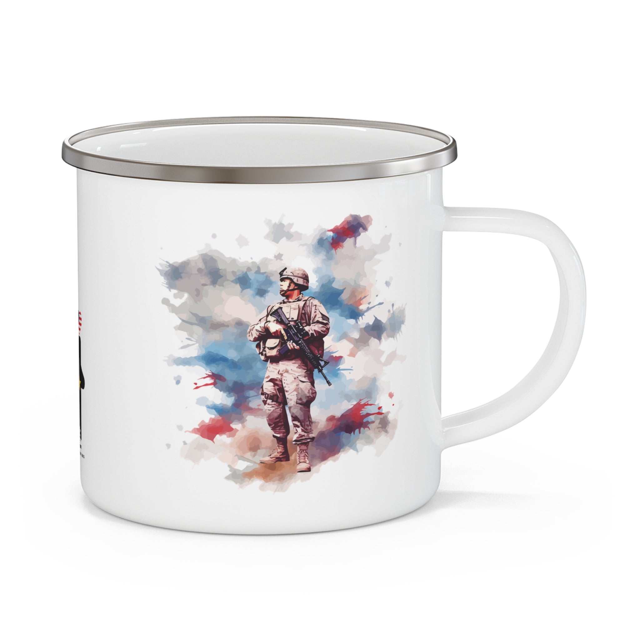 White Watercolor Soldier Coffee Cup – Minimal Patriotic Tribute Enamel Cup