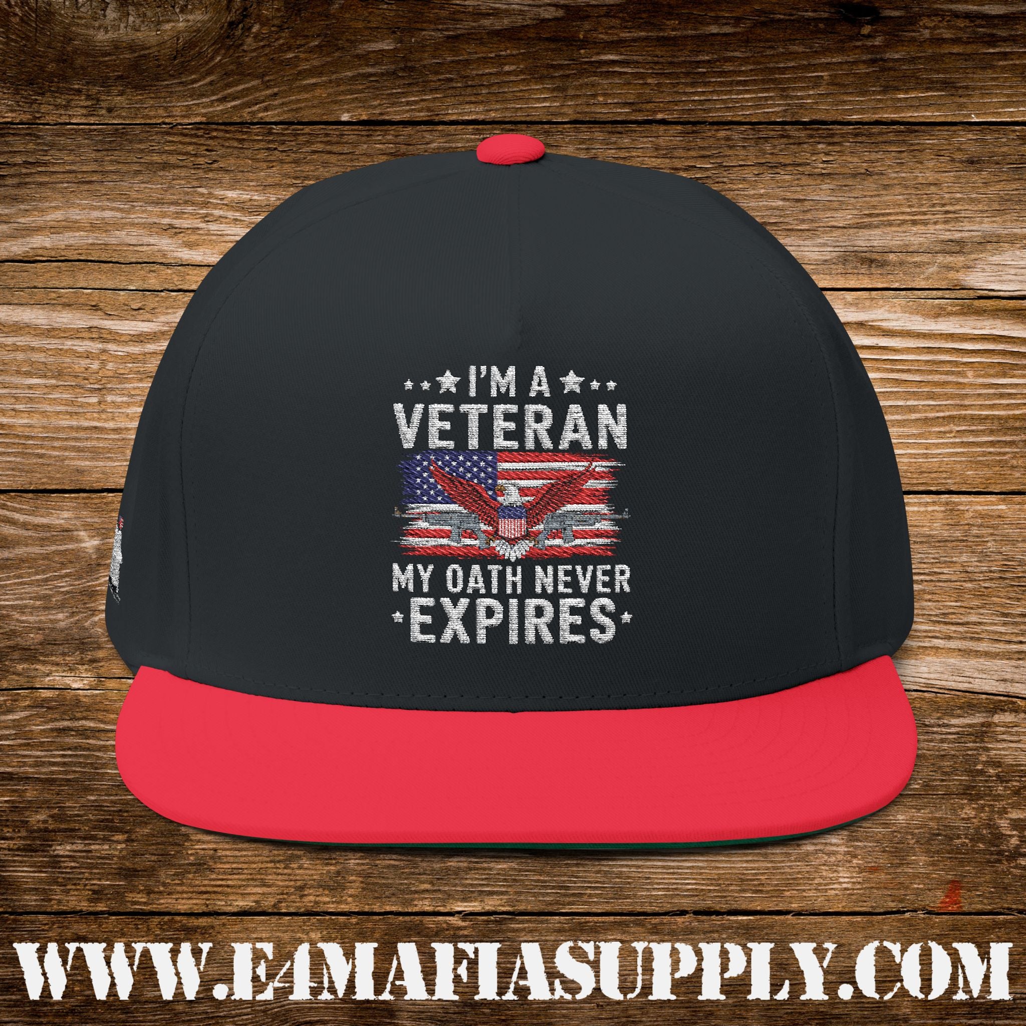 “I’m a Veteran – My Oath Never Expires” Patriotic Flat Bill Cap with American Flag