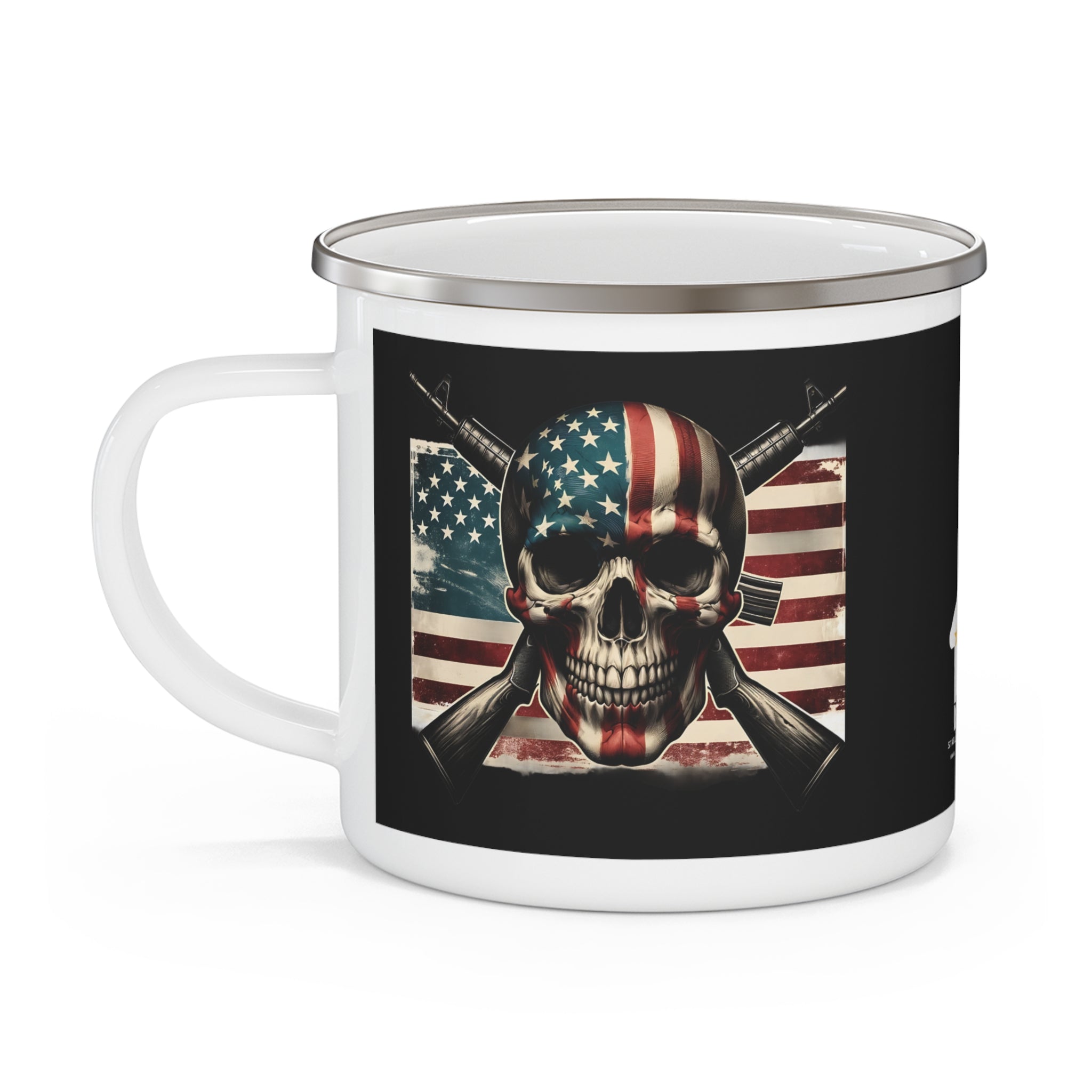 Patriotic Skull Coffee Cup – American Flag & Rifles Enamel Cup