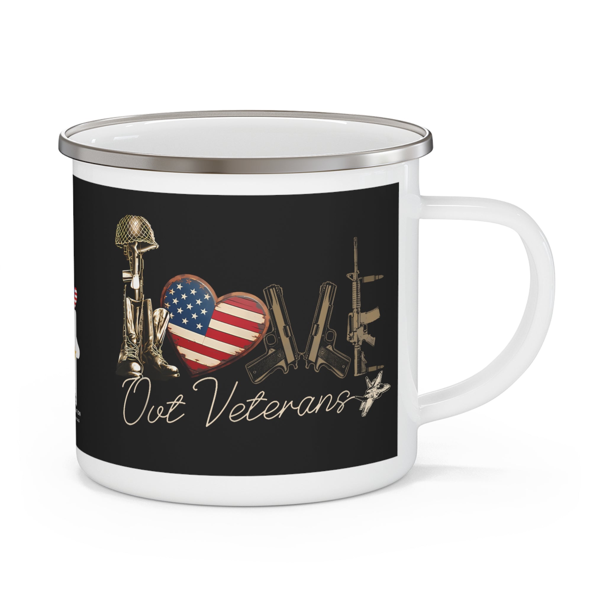 “Love Our Veterans” Enamel Camping Mug with American Flag Heart Design