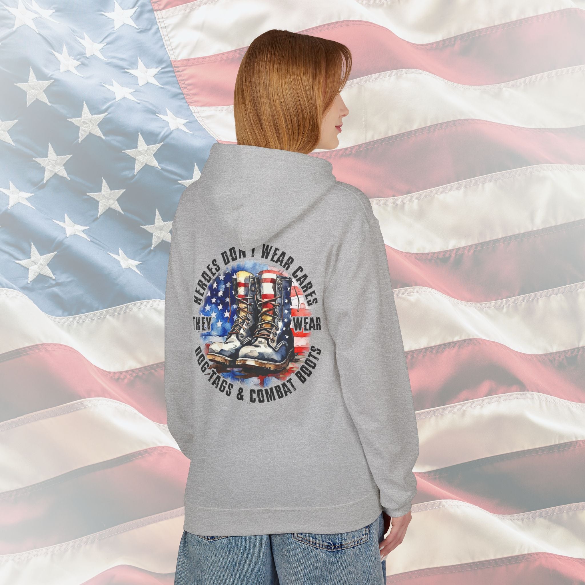 “Heroes Don’t Wear Capes – They Wear Dog Tags & Combat Boots” Patriotic Military Hoodie