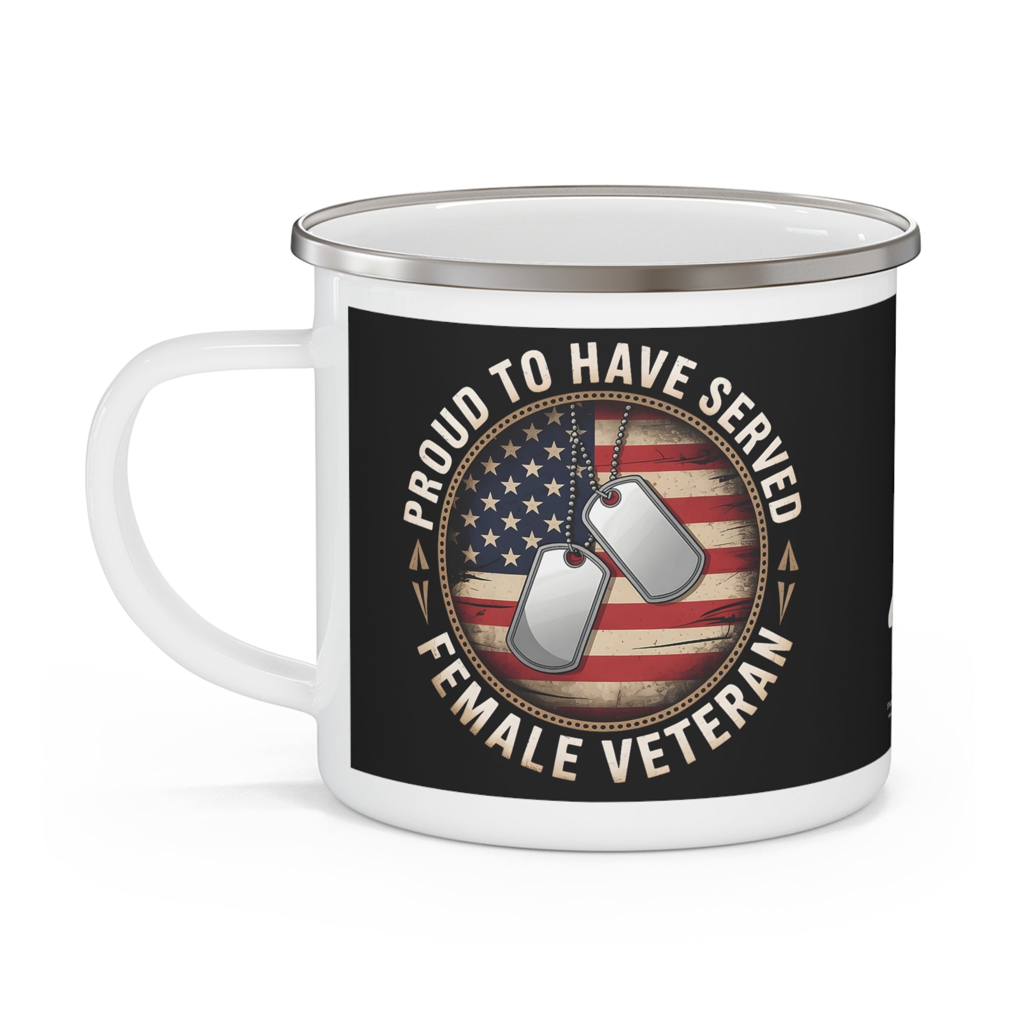 Proud Female Veteran Enamel Mug with American Flag and Dog Tags – Patriotic Coffee Cup