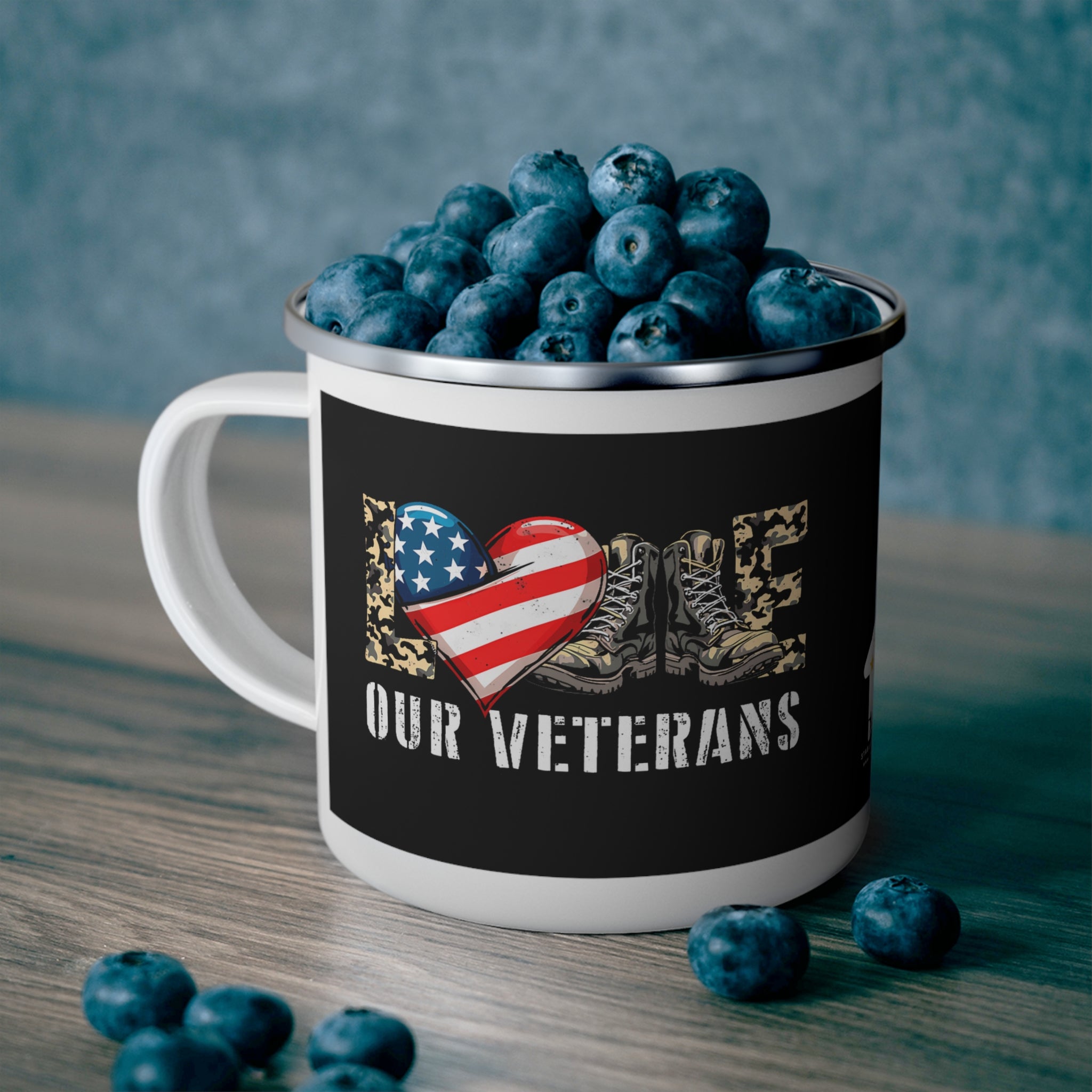 “Love Our Veterans” Enamel Mug with American Flag Heart and Combat Boots