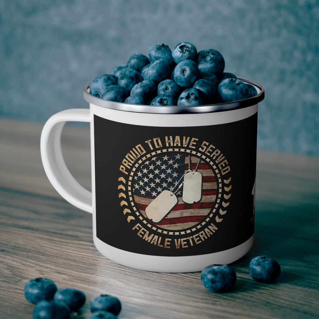 Proud to Have Served Female Veteran Enamel Mug – Patriotic Coffee Cup
