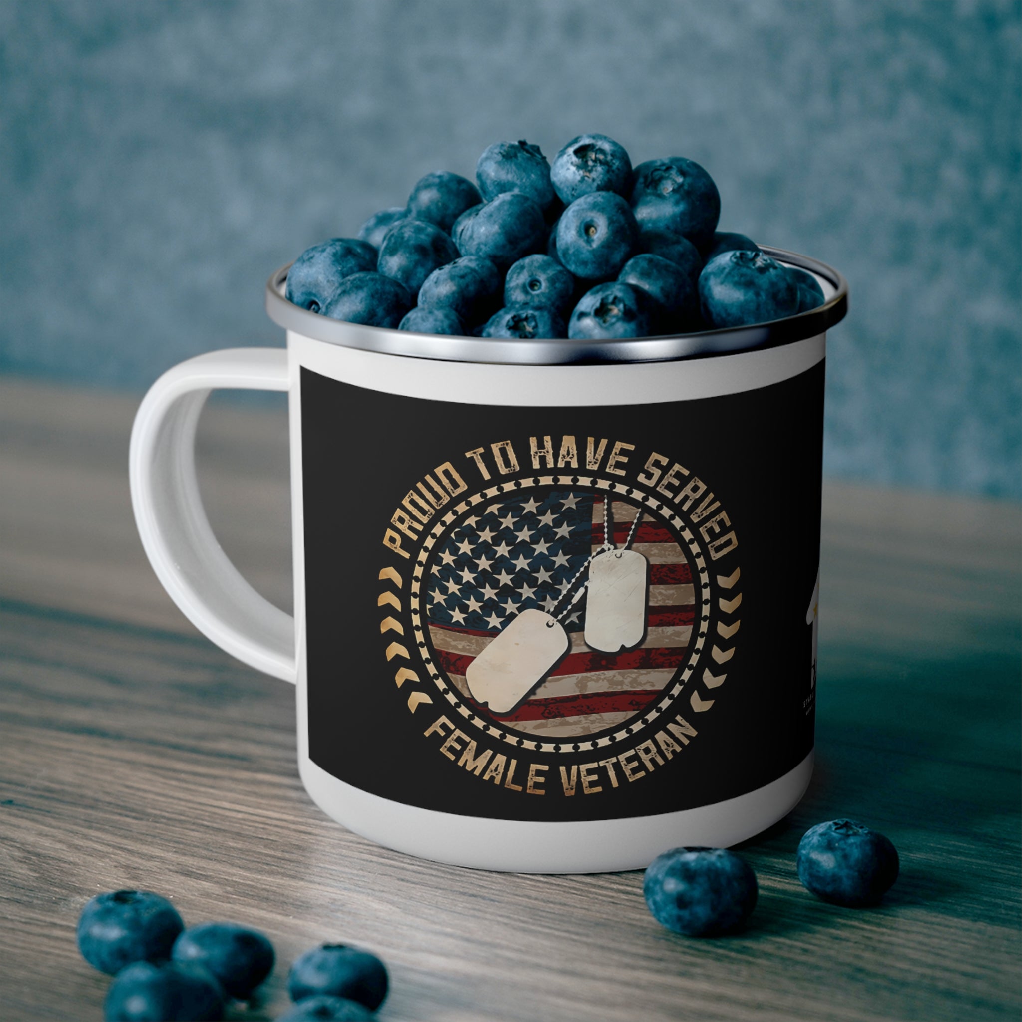 Proud to Have Served Female Veteran Enamel Mug – Patriotic Coffee Cup