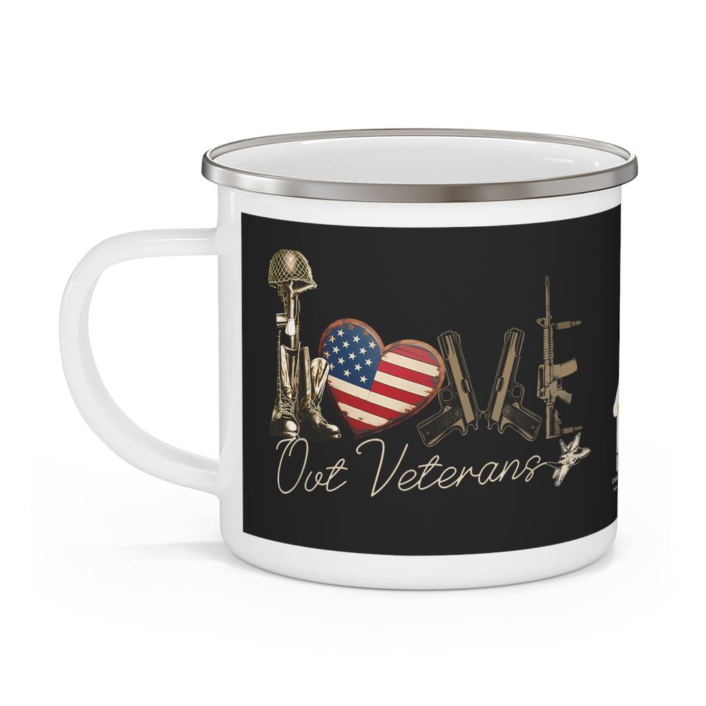 “Love Our Veterans” Enamel Camping Mug with American Flag Heart Design