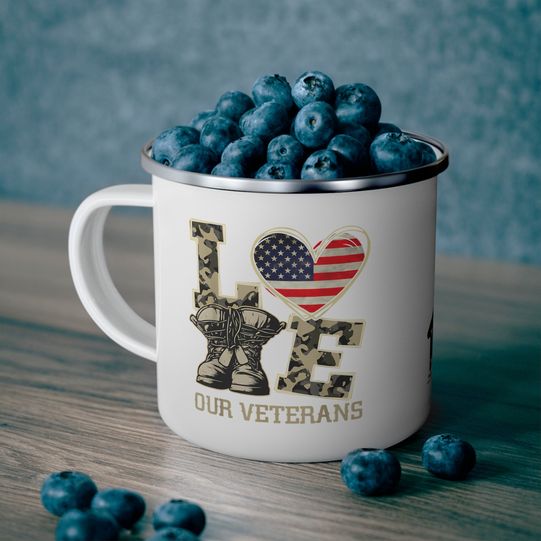 Love Our Veterans Coffee Cup – Camo Boots & American Pride
