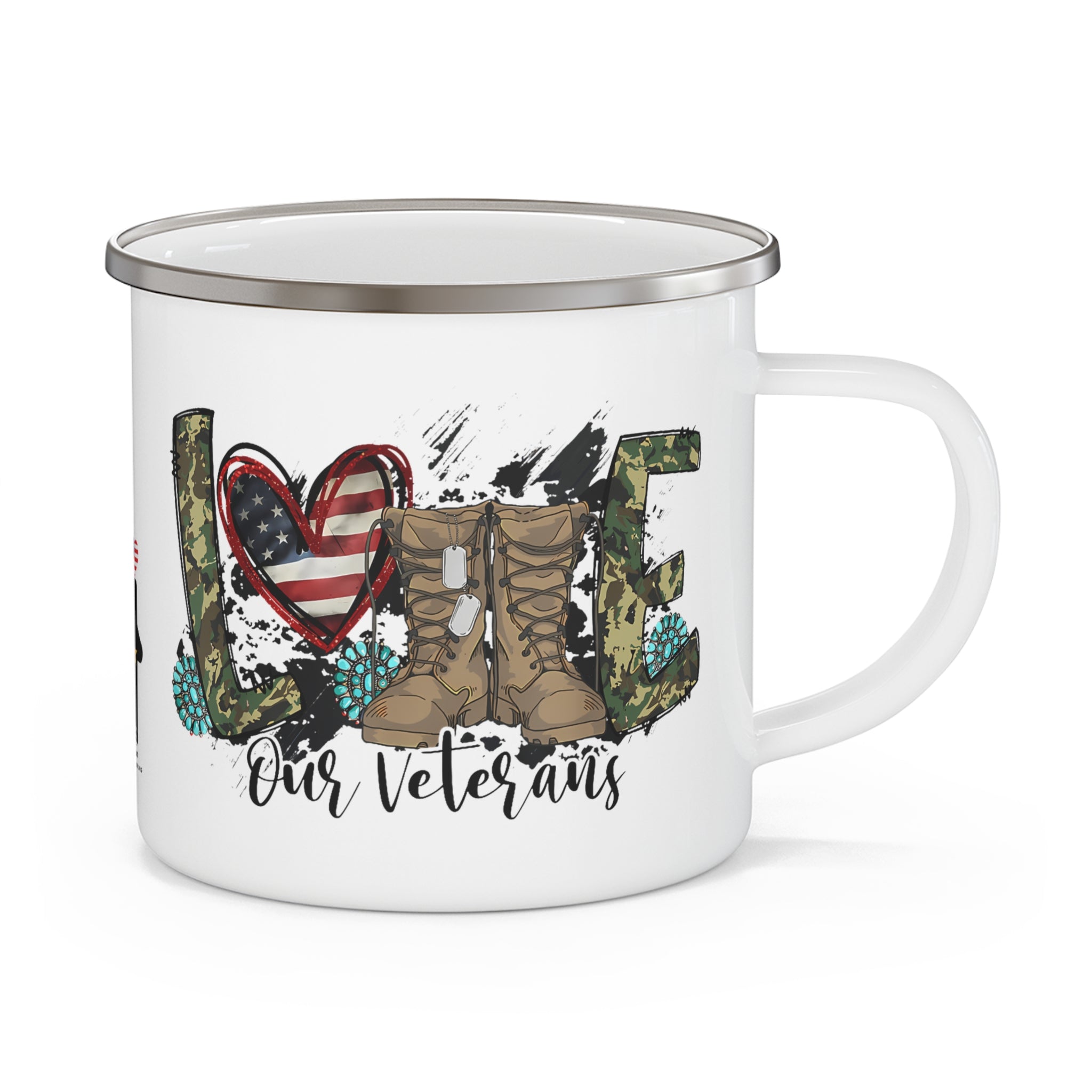 “Love Our Veterans” Enamel Mug with American Flag Heart, Combat Boots, and Floral Design
