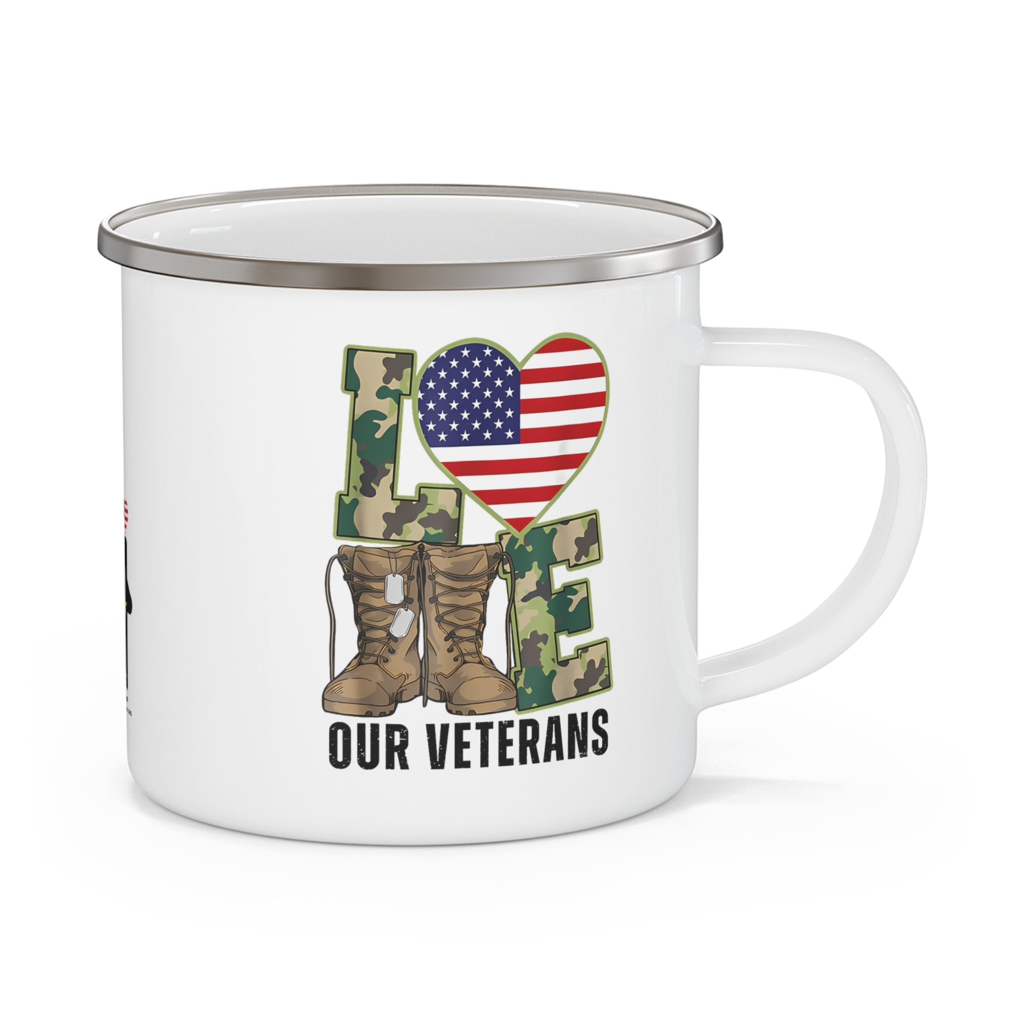 “Love Our Veterans” Enamel Mug with Camouflage Letters, Combat Boots, and American Flag Heart