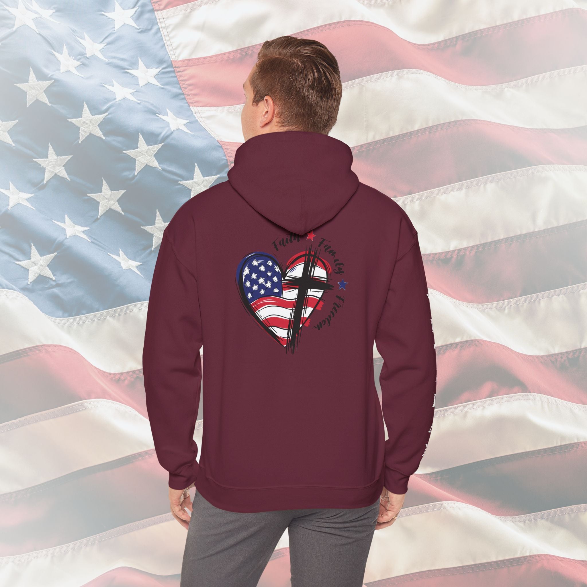 “Faith Family Freedom” Patriotic Cross and Flag Veteran Hoodie