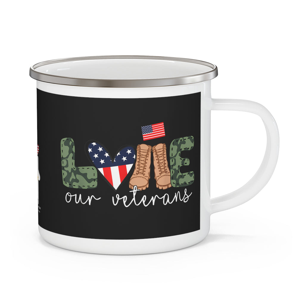 “Love Our Veterans” Enamel Mug with American Flag Heart, Camo Letters, and Boots Design