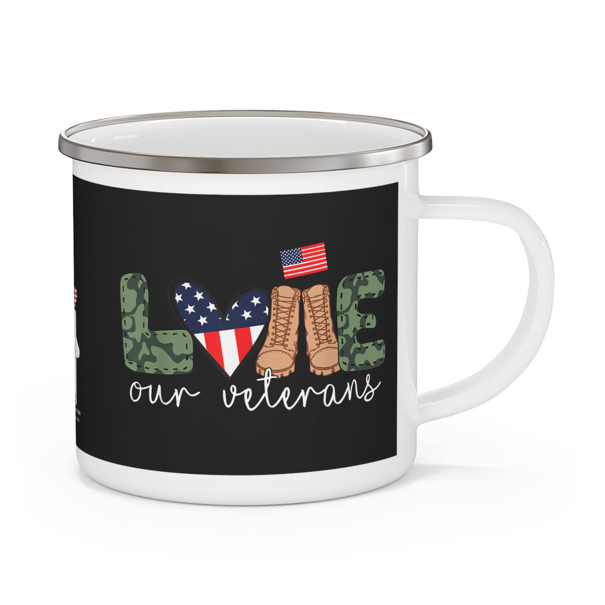 “Love Our Veterans” Enamel Mug with American Flag Heart, Camo Letters, and Boots Design
