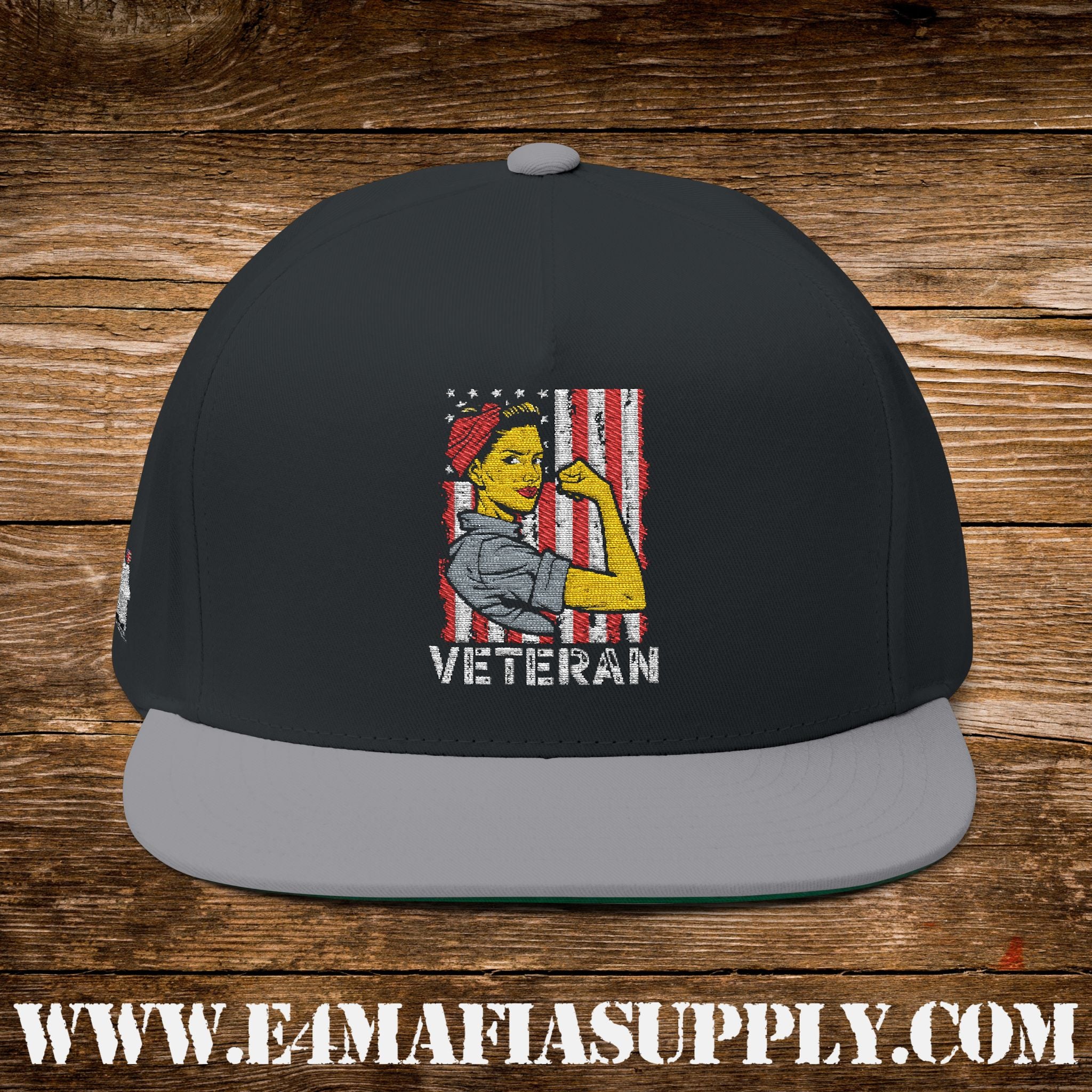 Patriotic “Rosie the Riveter Veteran” Flat Bill Cap with American Flag Background