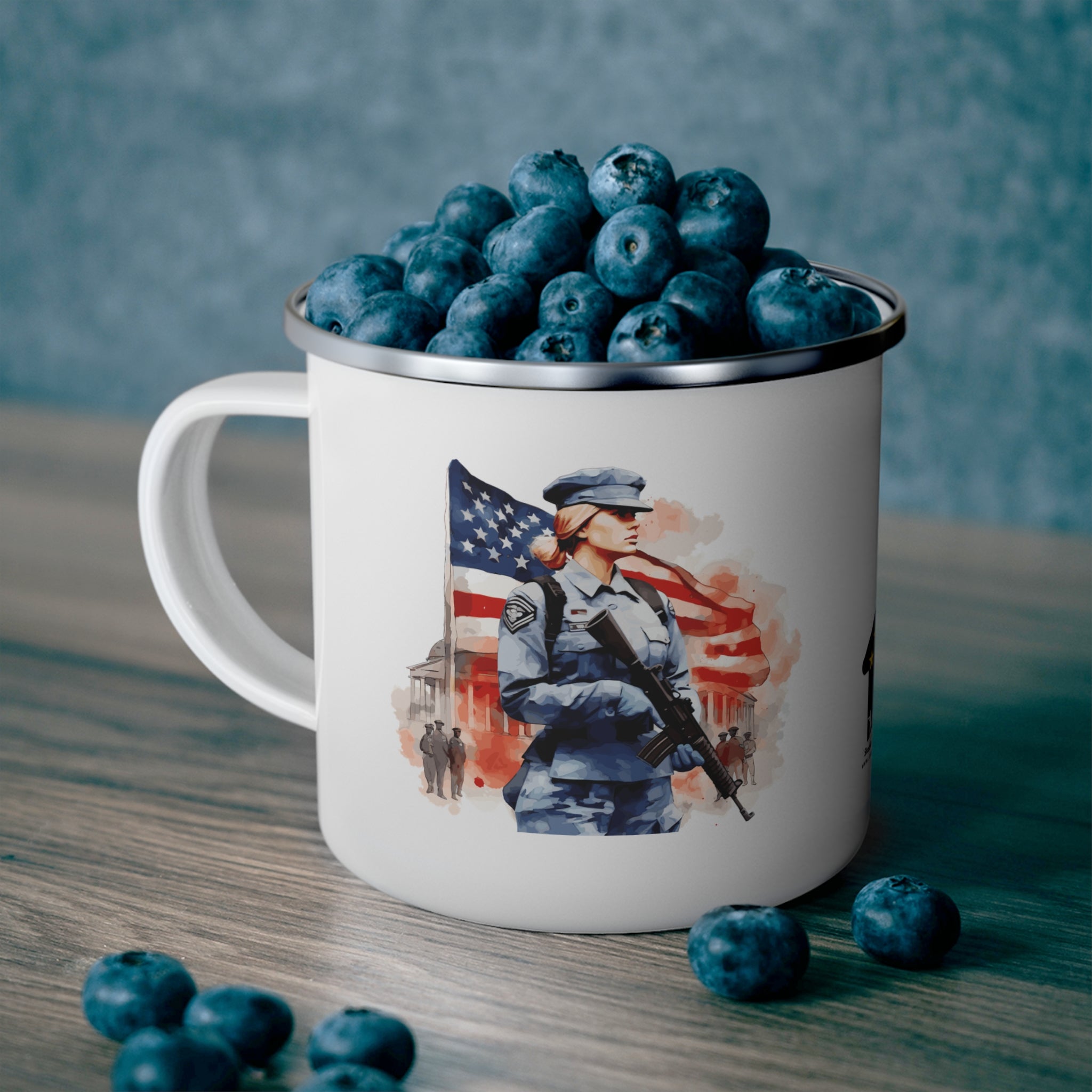 Strong Women Coffee Cup – Patriotic Female Soldier Enamel Mug