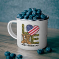“Love Our Veterans” Enamel Mug with American Flag Heart and Combat Boots Design