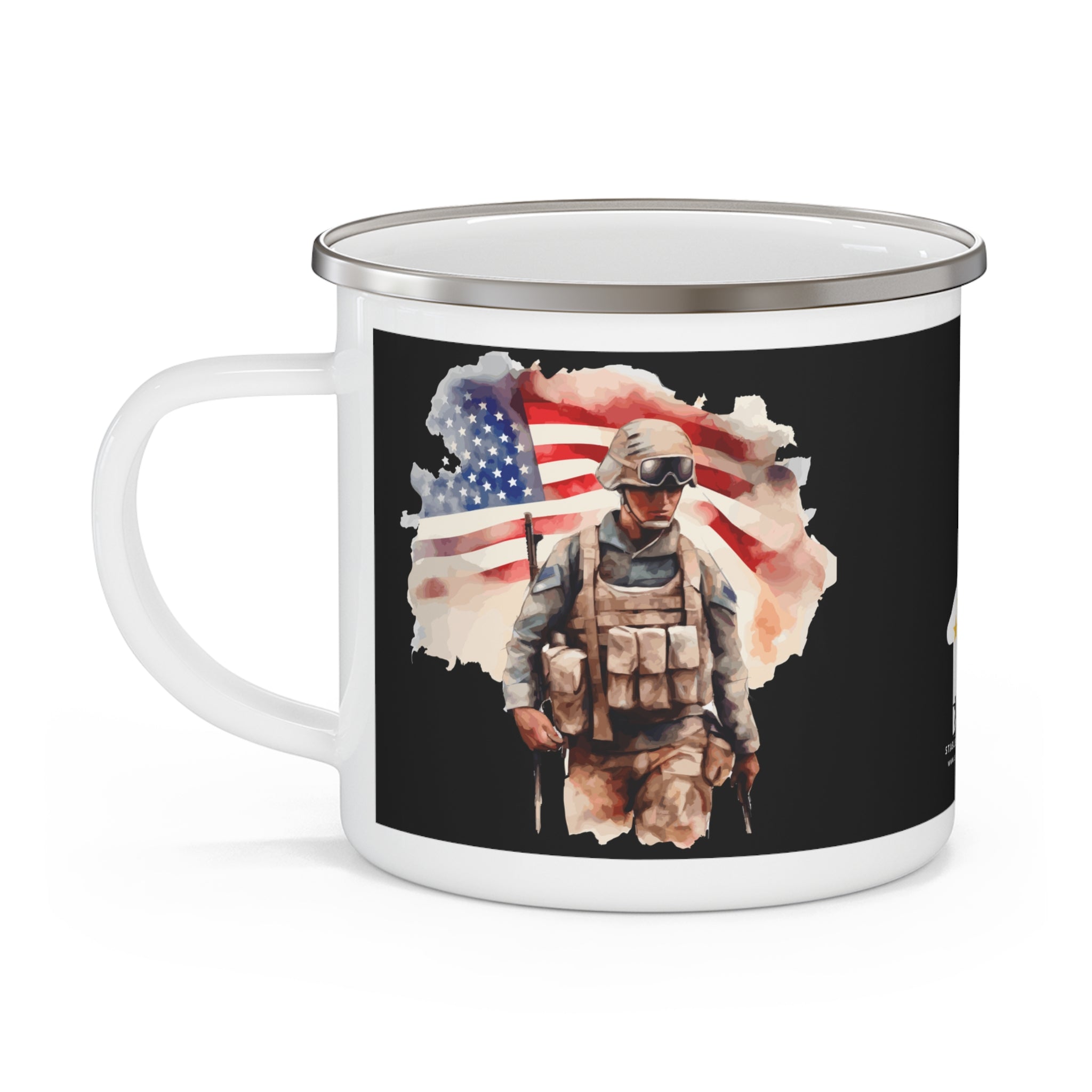 American Flag Soldier Coffee Cup – Patriotic Warrior Tribute Enamel Cup