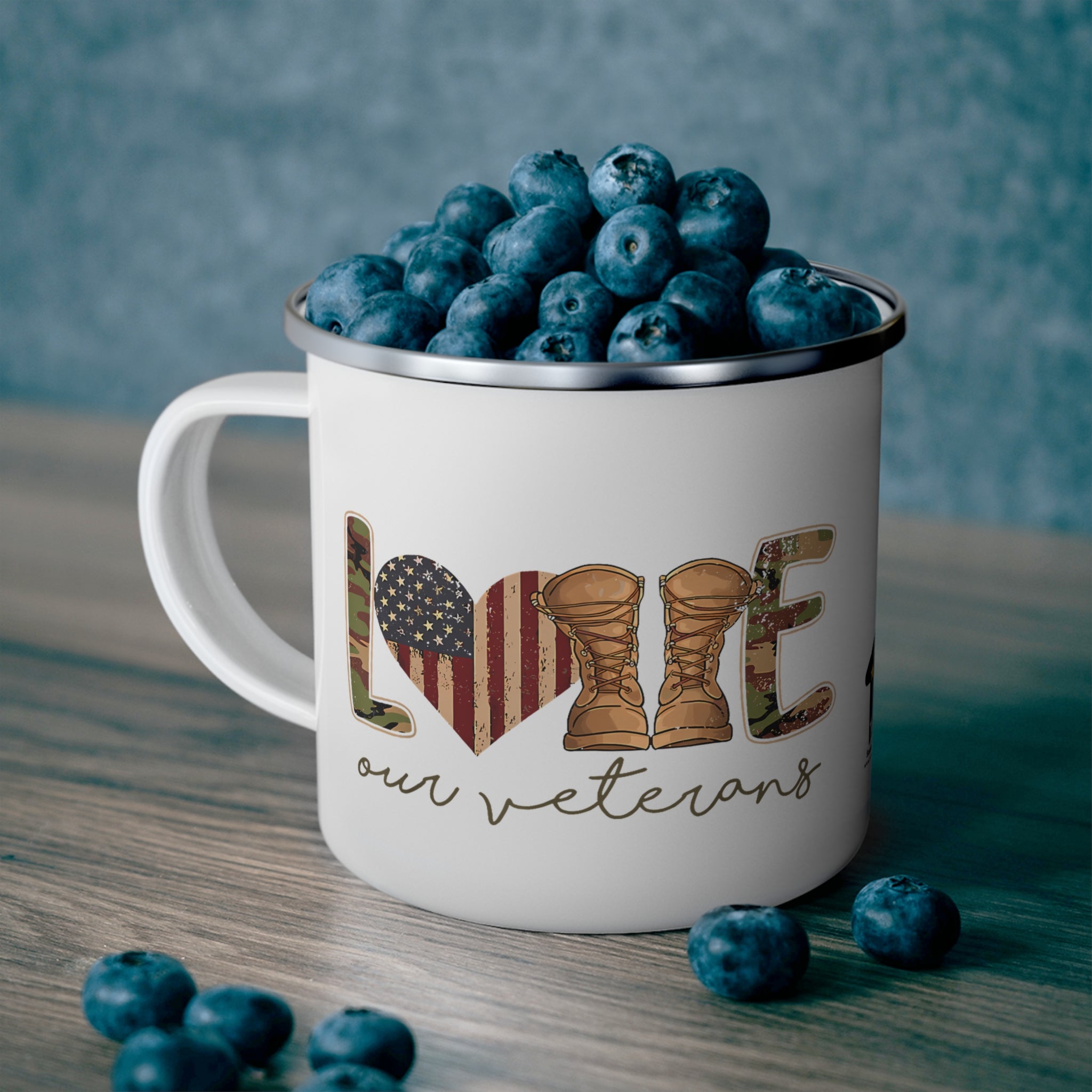 “Love Our Veterans” Enamel Mug with Rustic American Flag Heart and Combat Boots Design