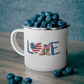 “LOVE” Enamel Mug with American Flag Heart and Combat Boots Design
