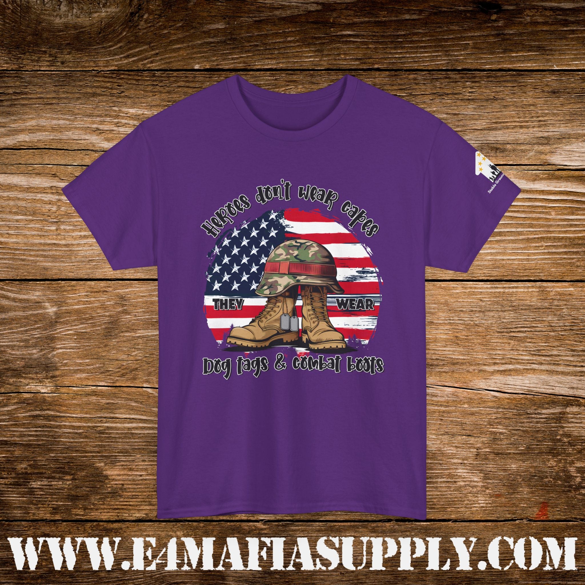 “Heroes Don’t Wear Capes – They Wear Dog Tags & Combat Boots” – American Flag Military T-Shirt
