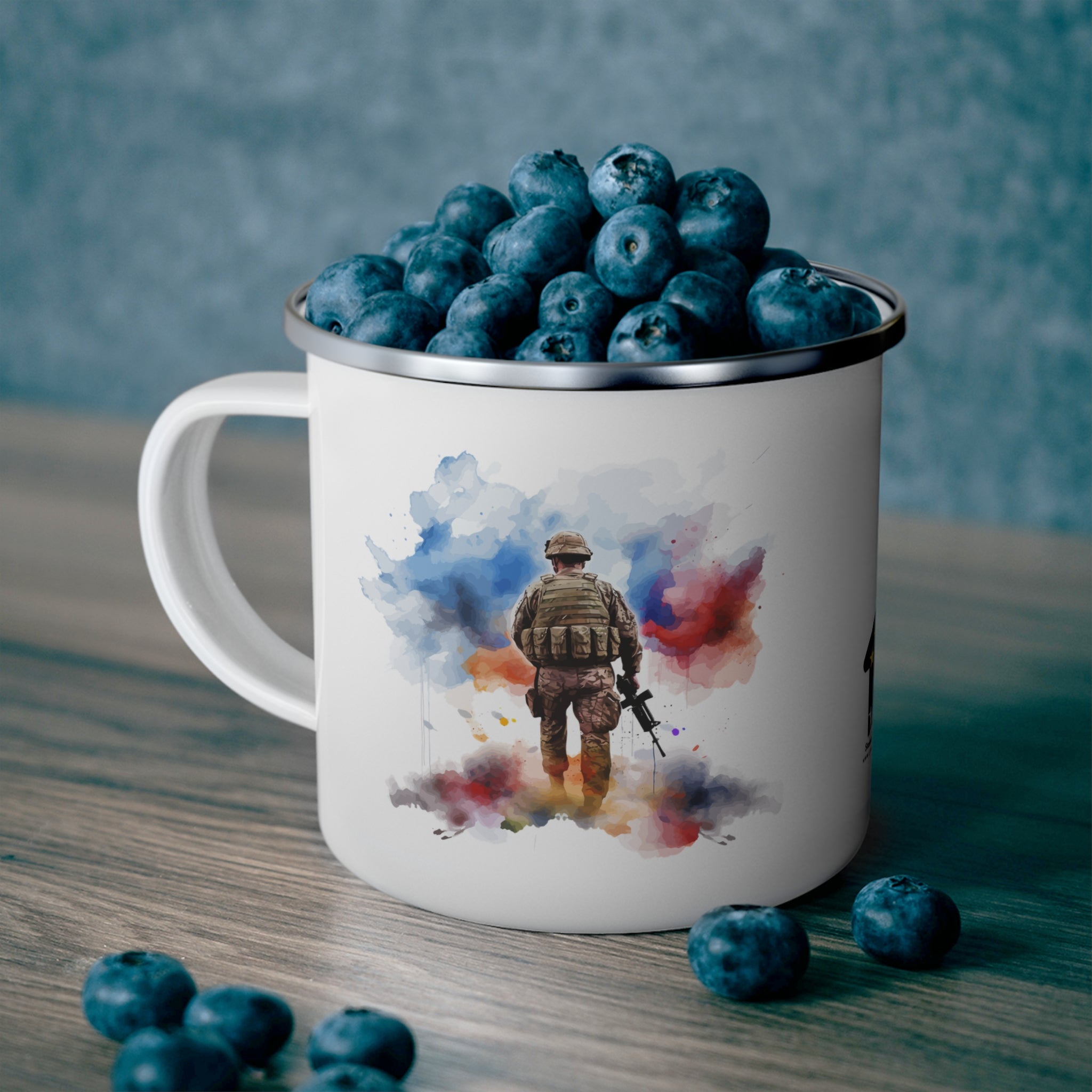 Watercolor Soldier Enamel Mug – Patriotic Military Tribute Coffee Cup
