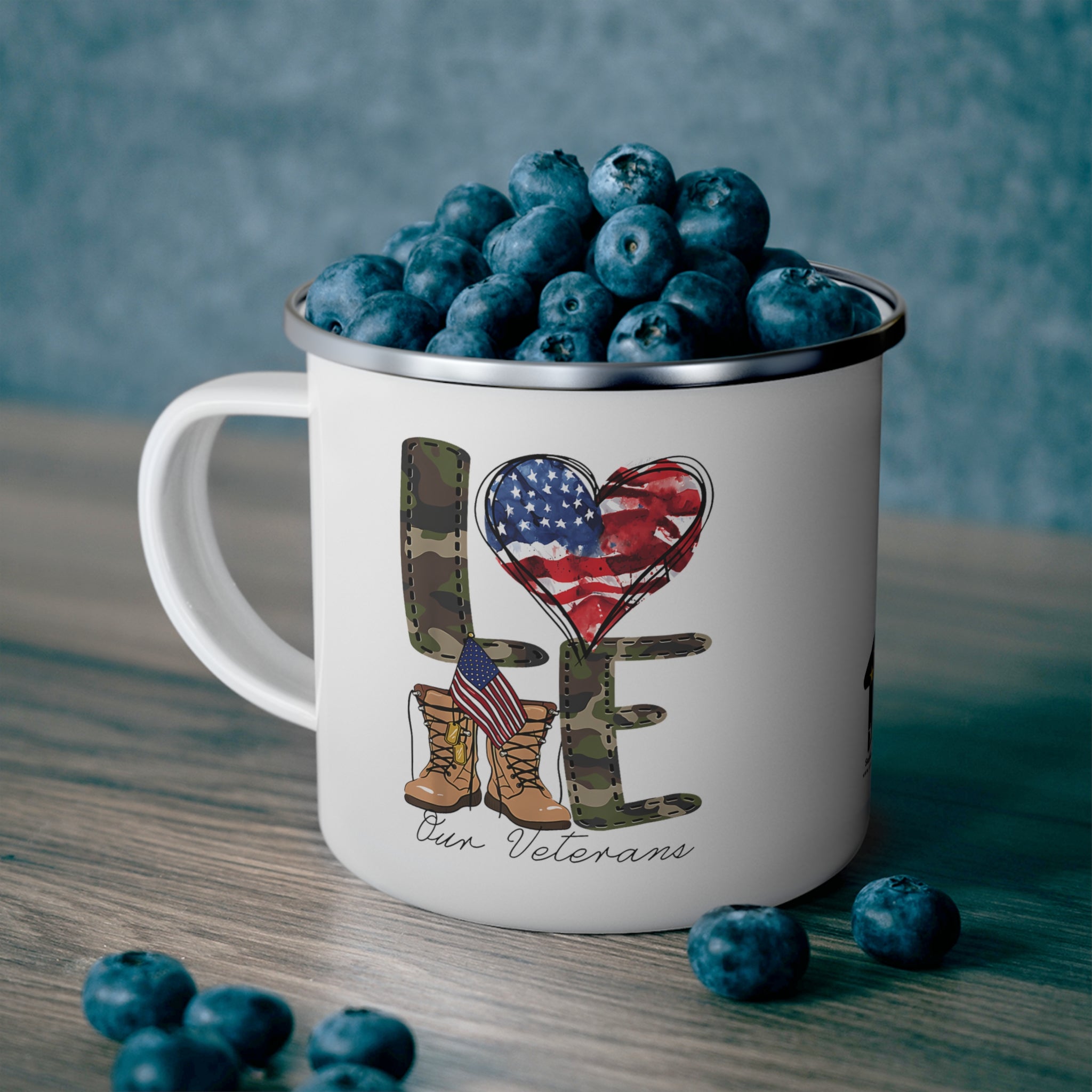 “Love Our Veterans” Enamel Mug with Camo Letters, American Flag Heart, and Combat Boots
