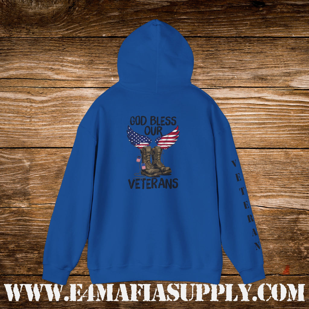 “God Bless Our Veterans” American Flag Boots Patriotic Veteran Sleeve Hoodie