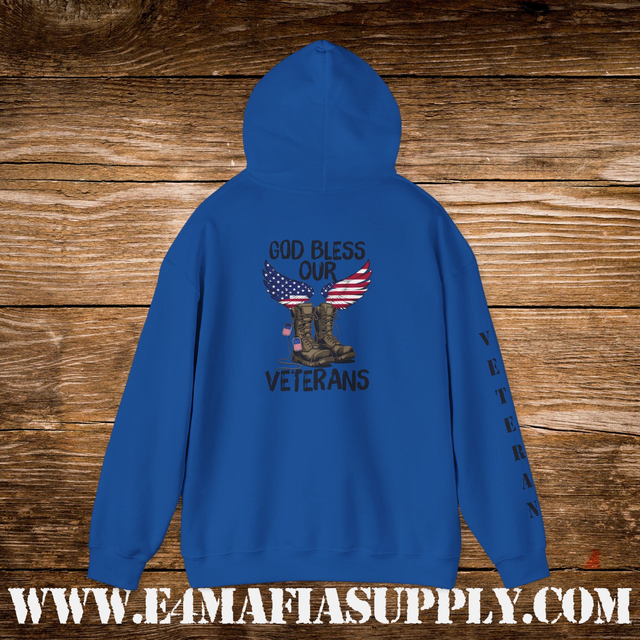 “God Bless Our Veterans” American Flag Boots Patriotic Veteran Sleeve Hoodie
