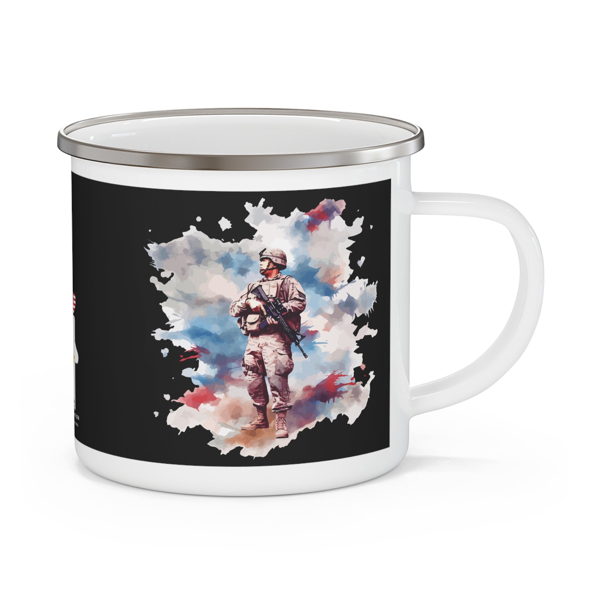 Watercolor Soldier Reflection Coffee Cup – Patriotic Tribute Enamel Cup