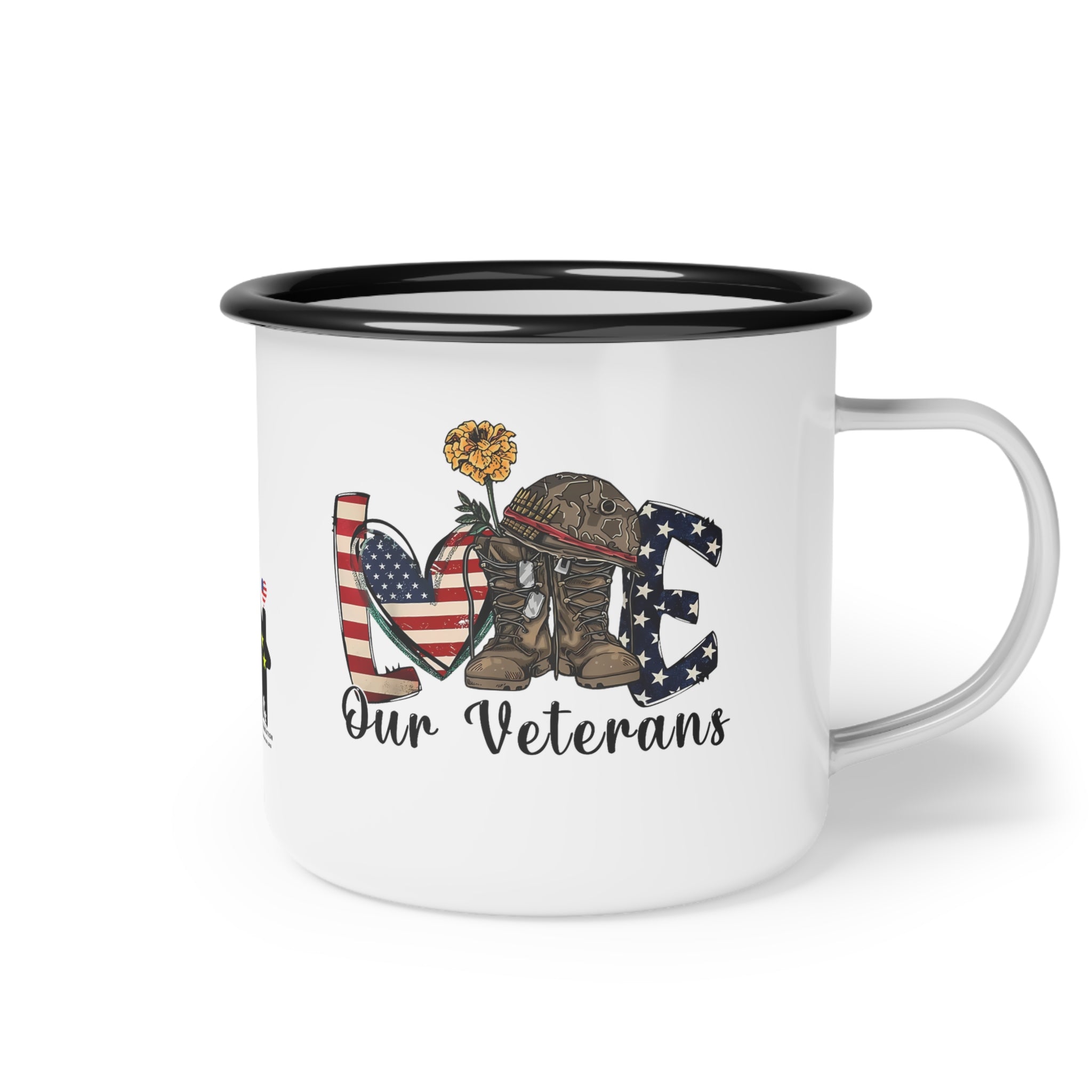“Love Our Veterans” Enamel Mug with American Flag Heart, Helmet, and Yellow Flower Design