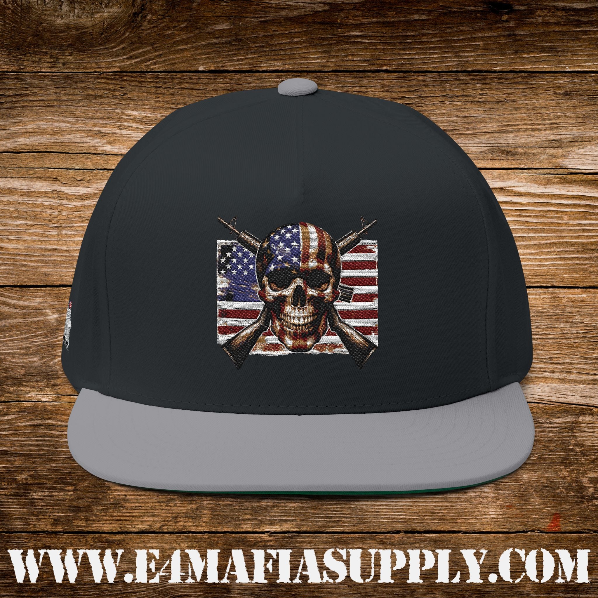 Patriotic Skull Flat Bill Cap with American Flag and Crossed Rifles
