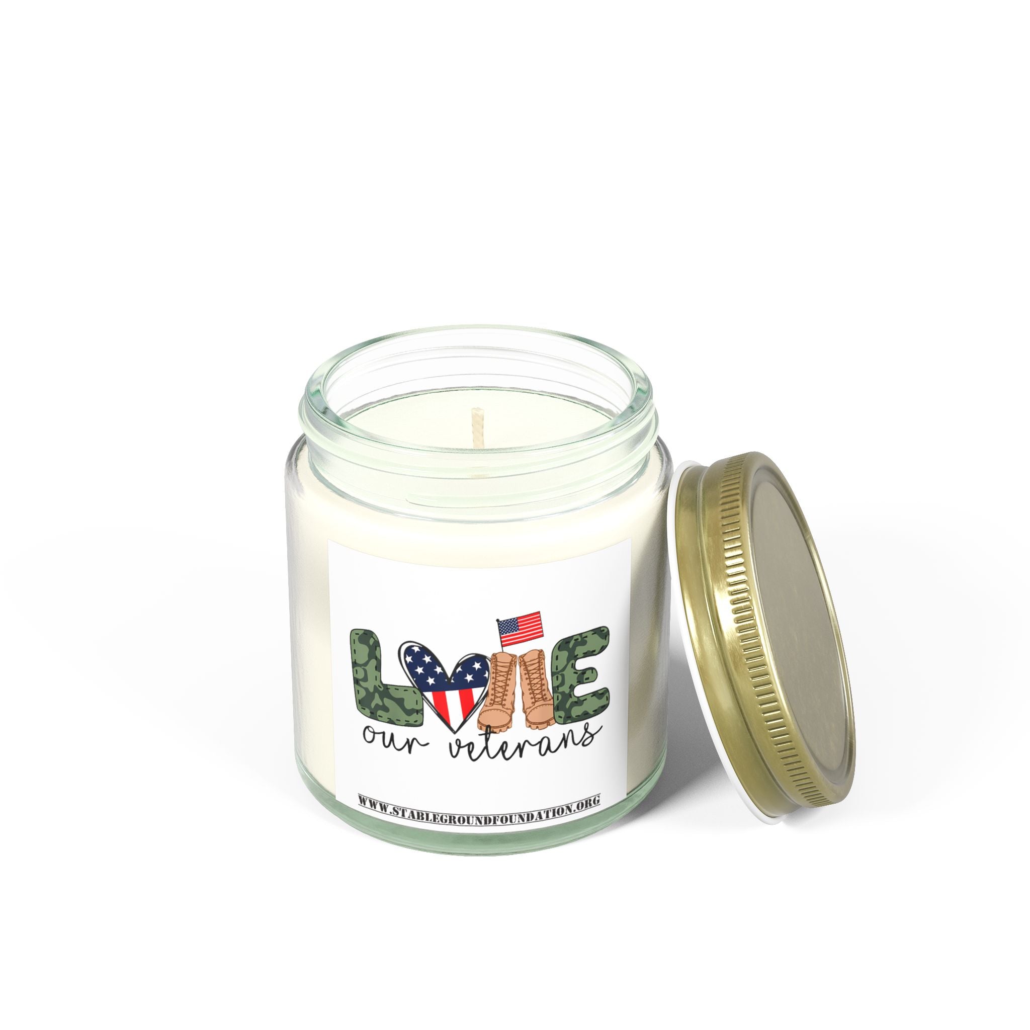 Love Our Veterans Candle – Patriotic Flag Heart and Camo Boots Tribute Candle