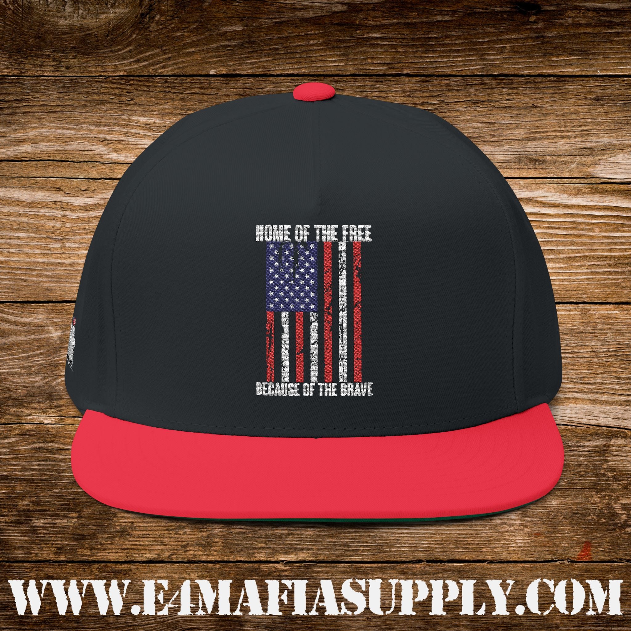 Patriotic “Home of the Free Because of the Brave” Flat Bill Cap with American Flag