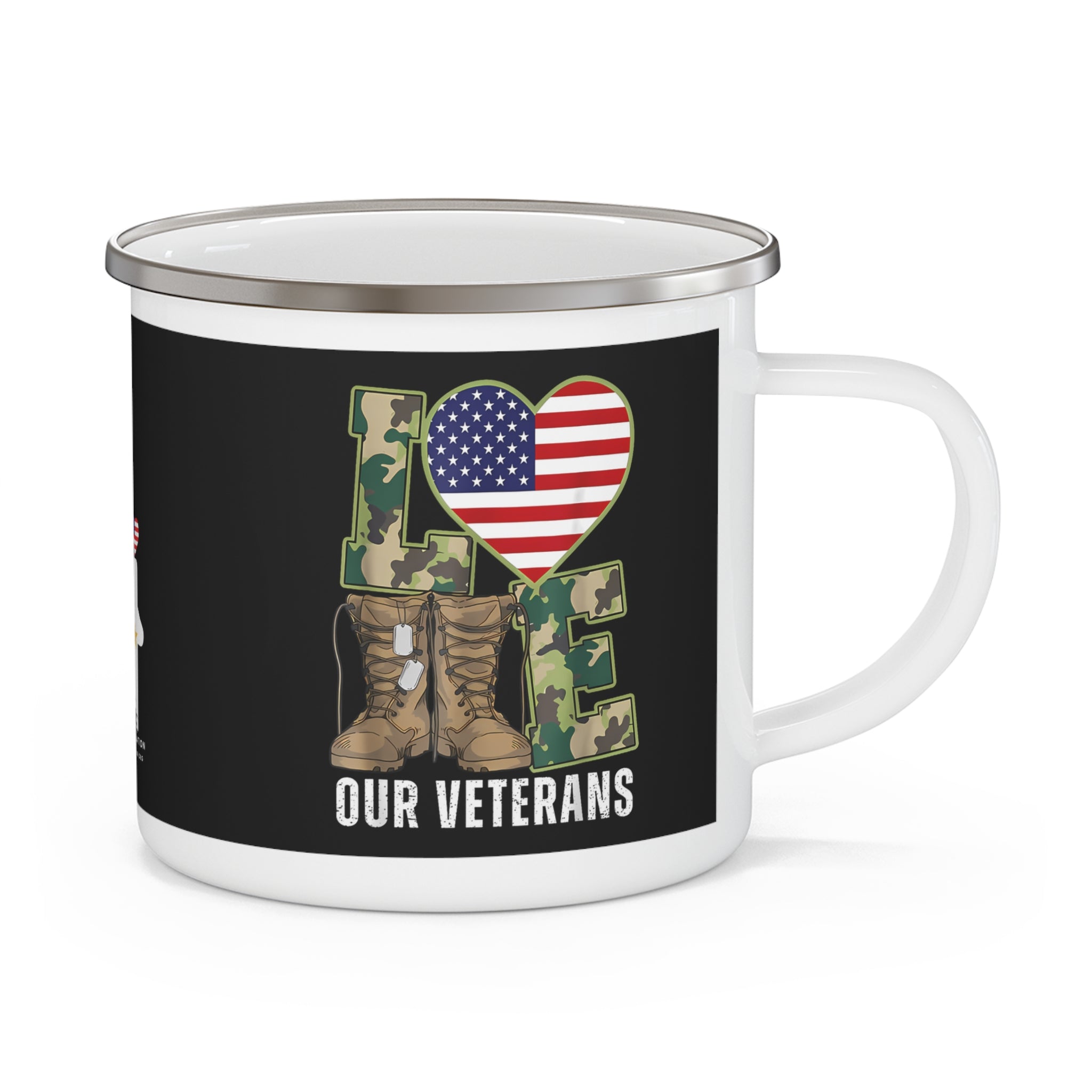 “Love Our Veterans” Enamel Mug with Camo Letters, American Flag Heart, and Combat Boots