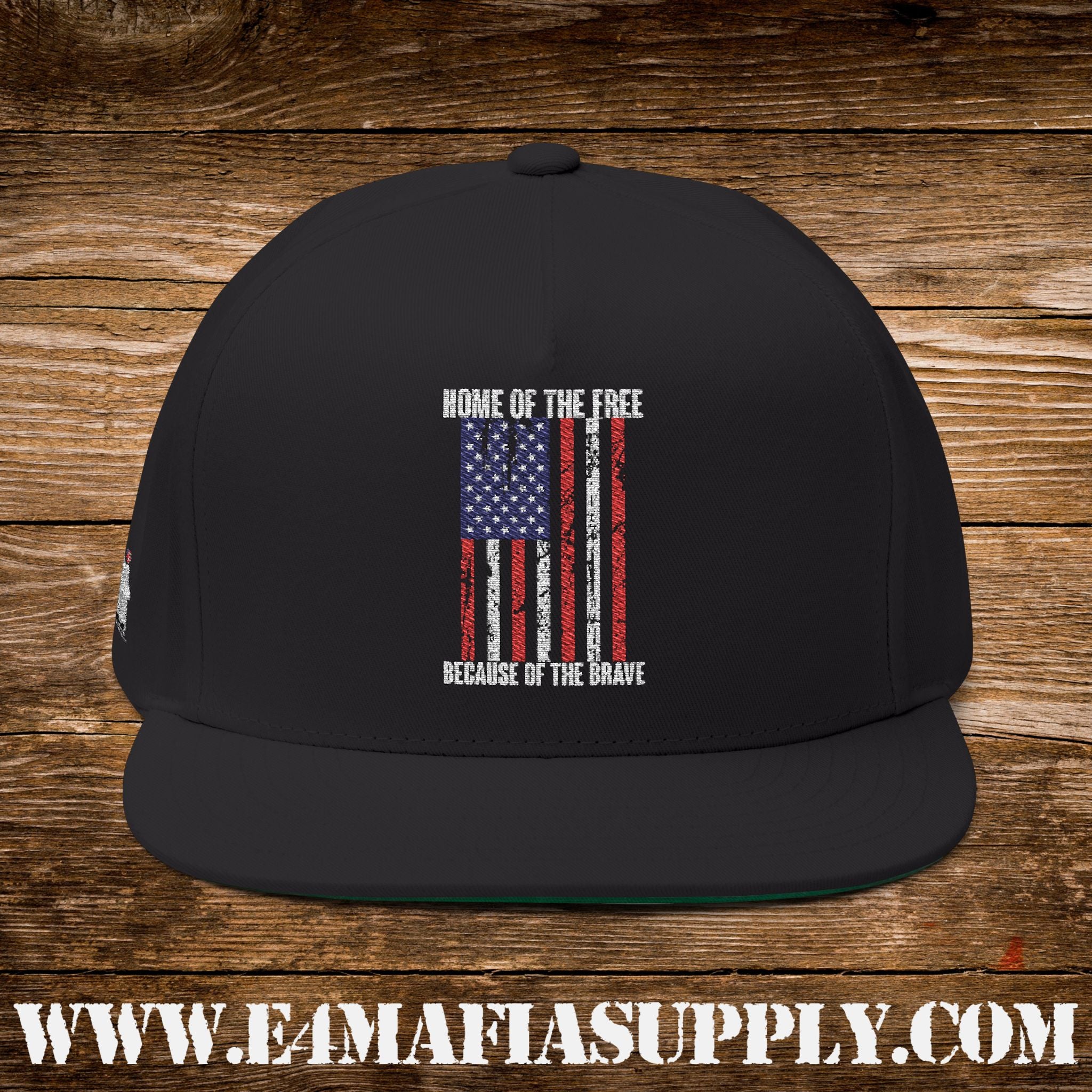 Patriotic “Home of the Free Because of the Brave” Flat Bill Cap with American Flag