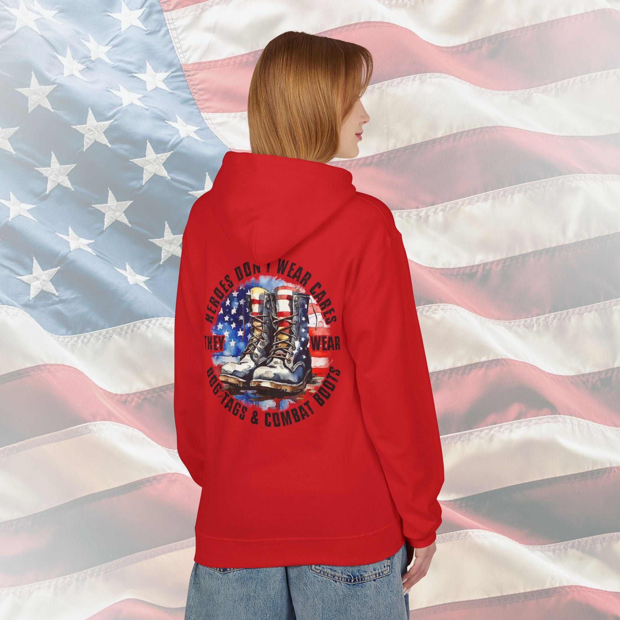 “Heroes Don’t Wear Capes – They Wear Dog Tags & Combat Boots” Patriotic Military Hoodie
