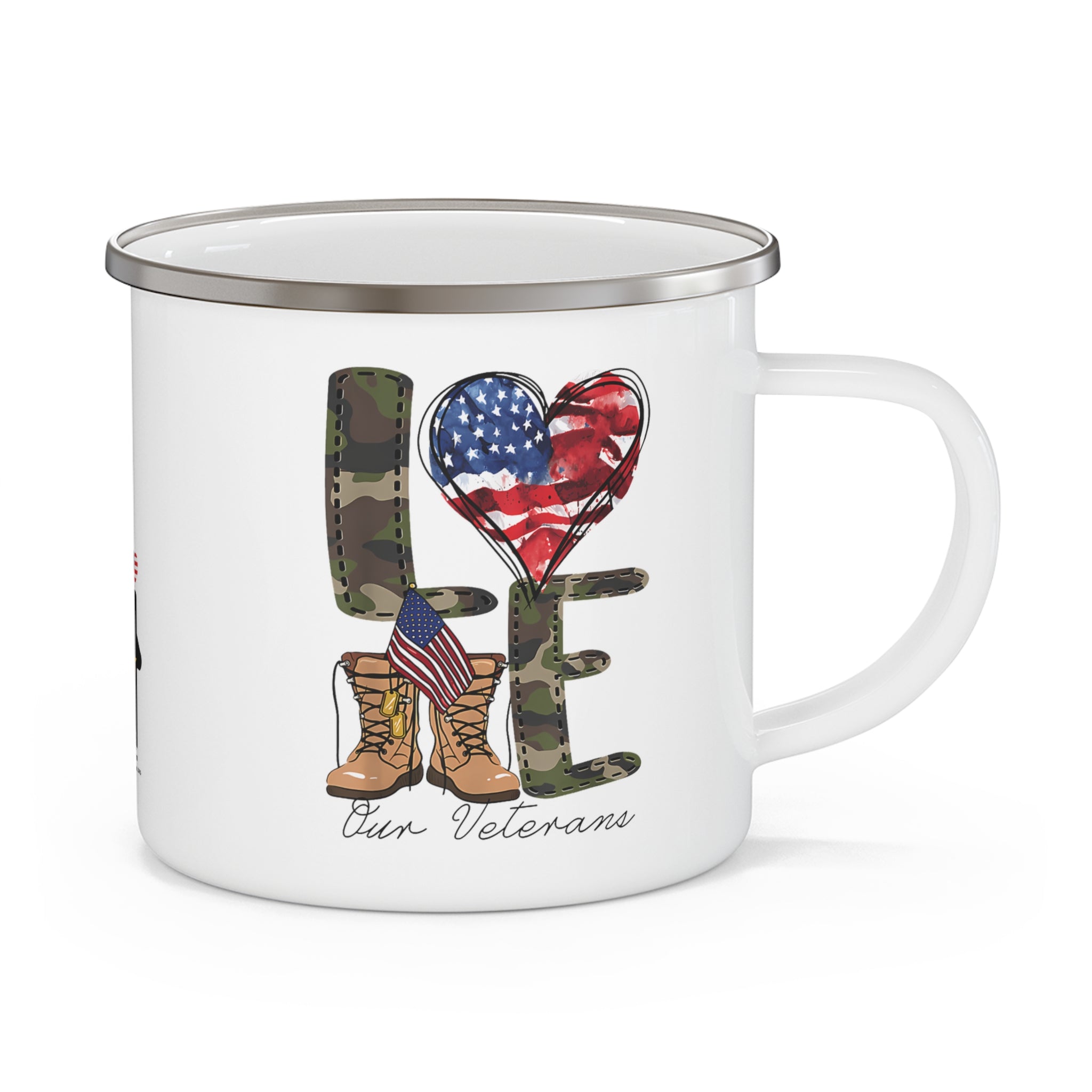 “Love Our Veterans” Enamel Mug with Camo Letters, American Flag Heart, and Combat Boots