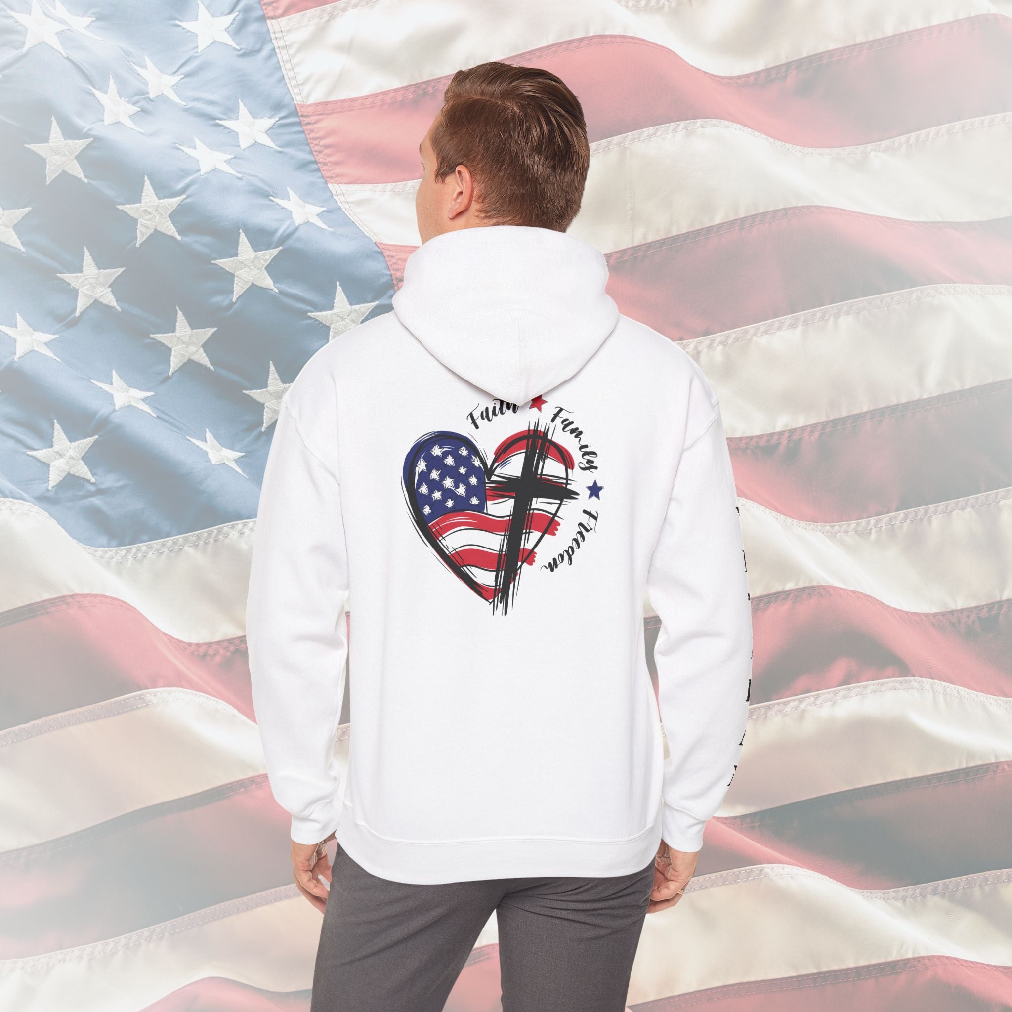“Faith Family Freedom” Patriotic Cross and Flag Veteran Hoodie