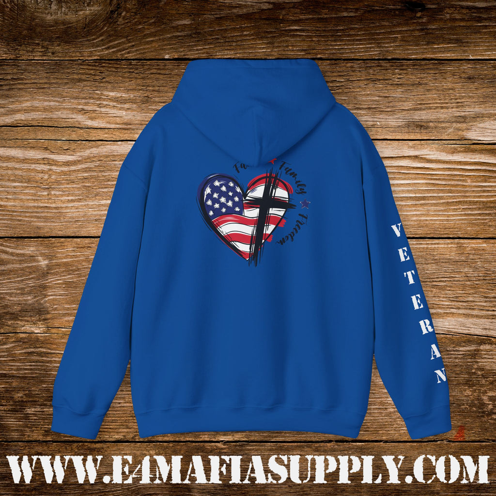 “Faith Family Freedom” Patriotic Cross and Flag Veteran Hoodie