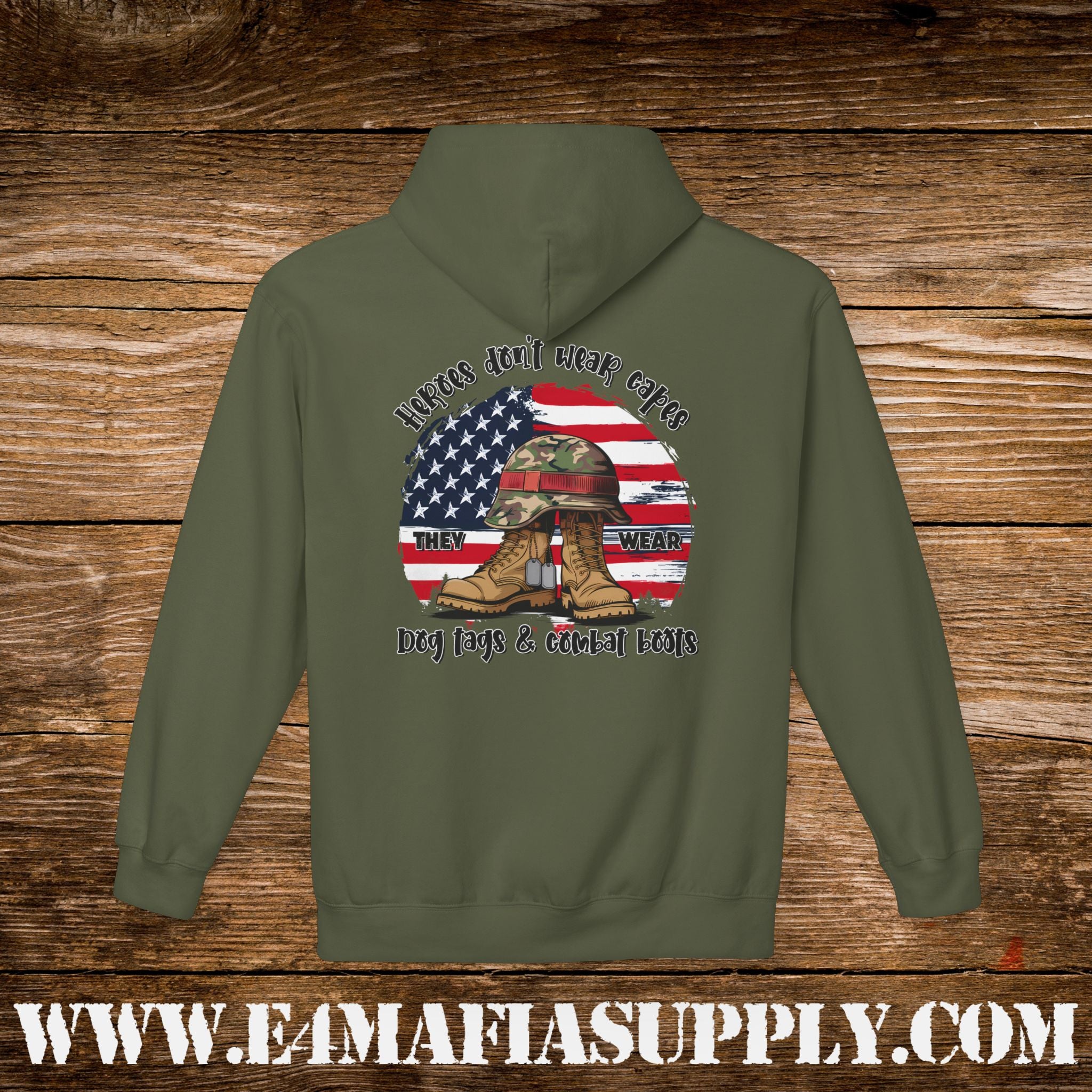 “Heroes Don’t Wear Capes – They Wear Dog Tags & Combat Boots” Patriotic Camo Military Hoodie
