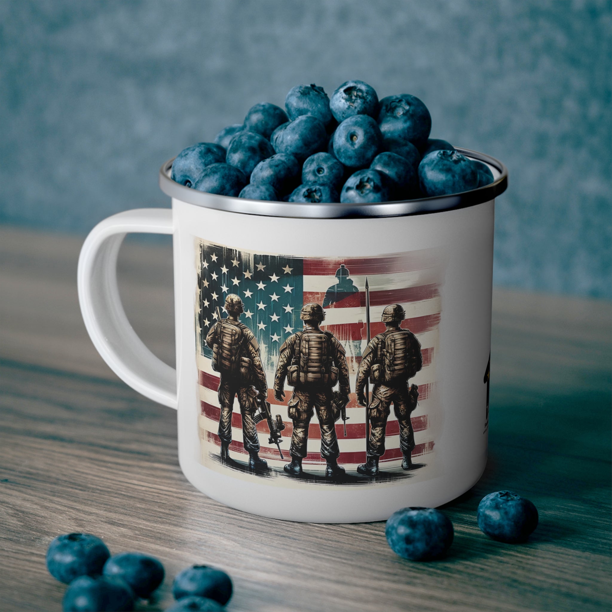 Three Soldiers Coffee Cup – American Flag Brotherhood Tribute Enamel Cup