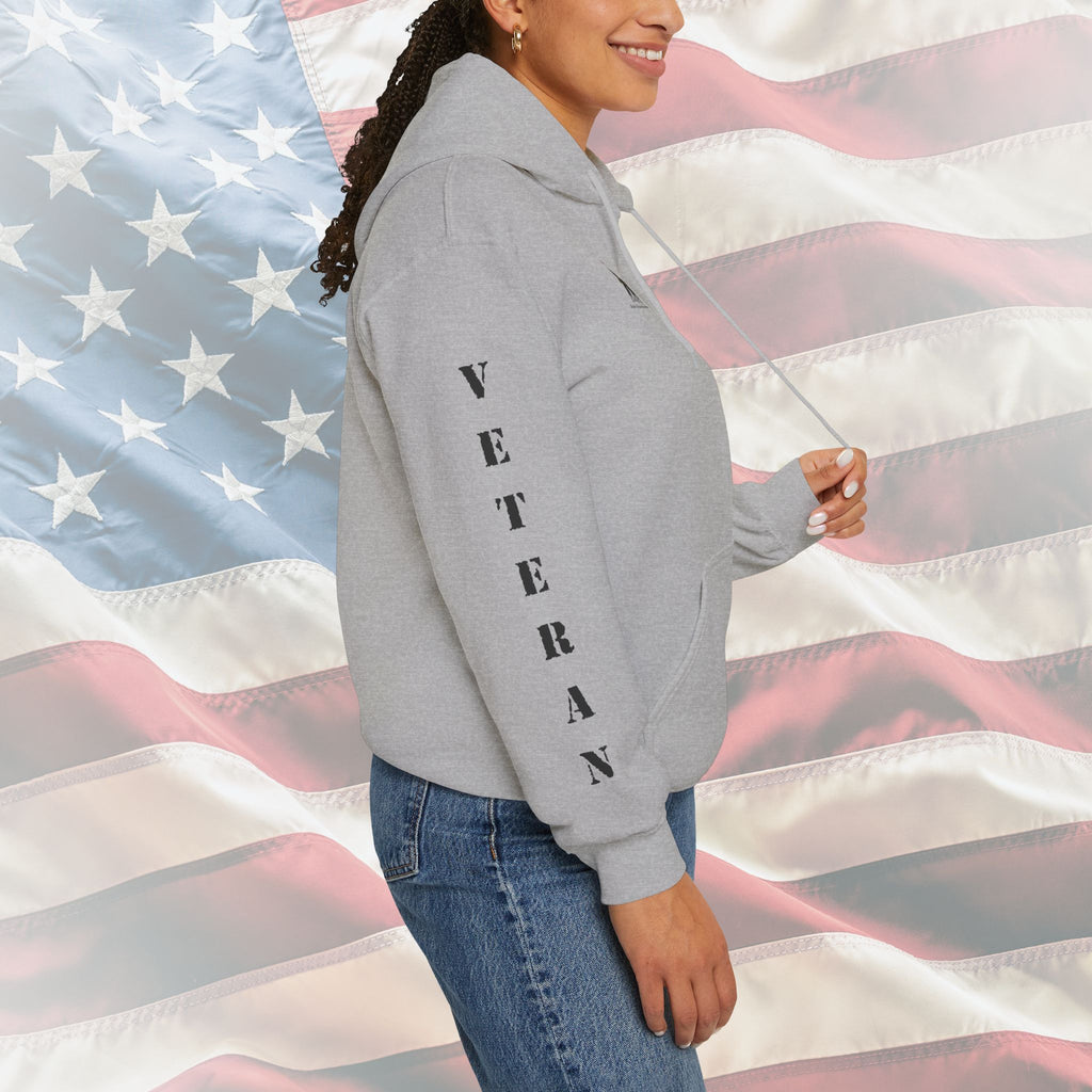 “God Bless Our Veterans” American Flag Boots Patriotic Veteran Sleeve Hoodie