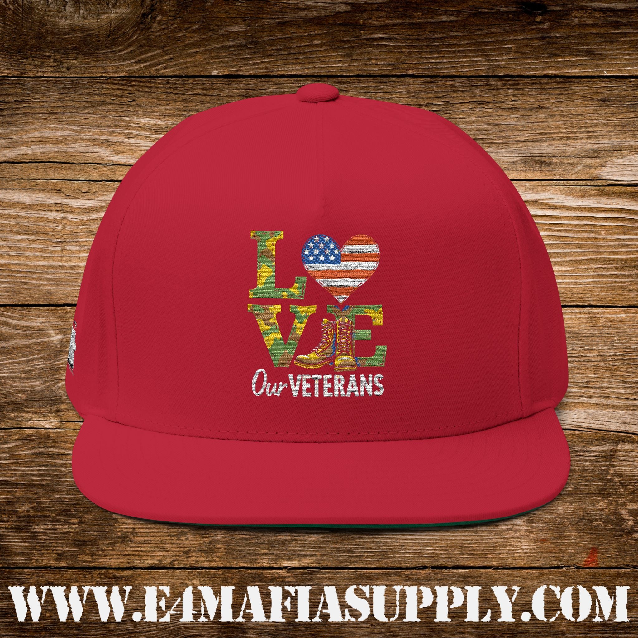 Patriotic “Love Our Veterans” Flat Bill Cap with Camo Letters and American Flag Heart
