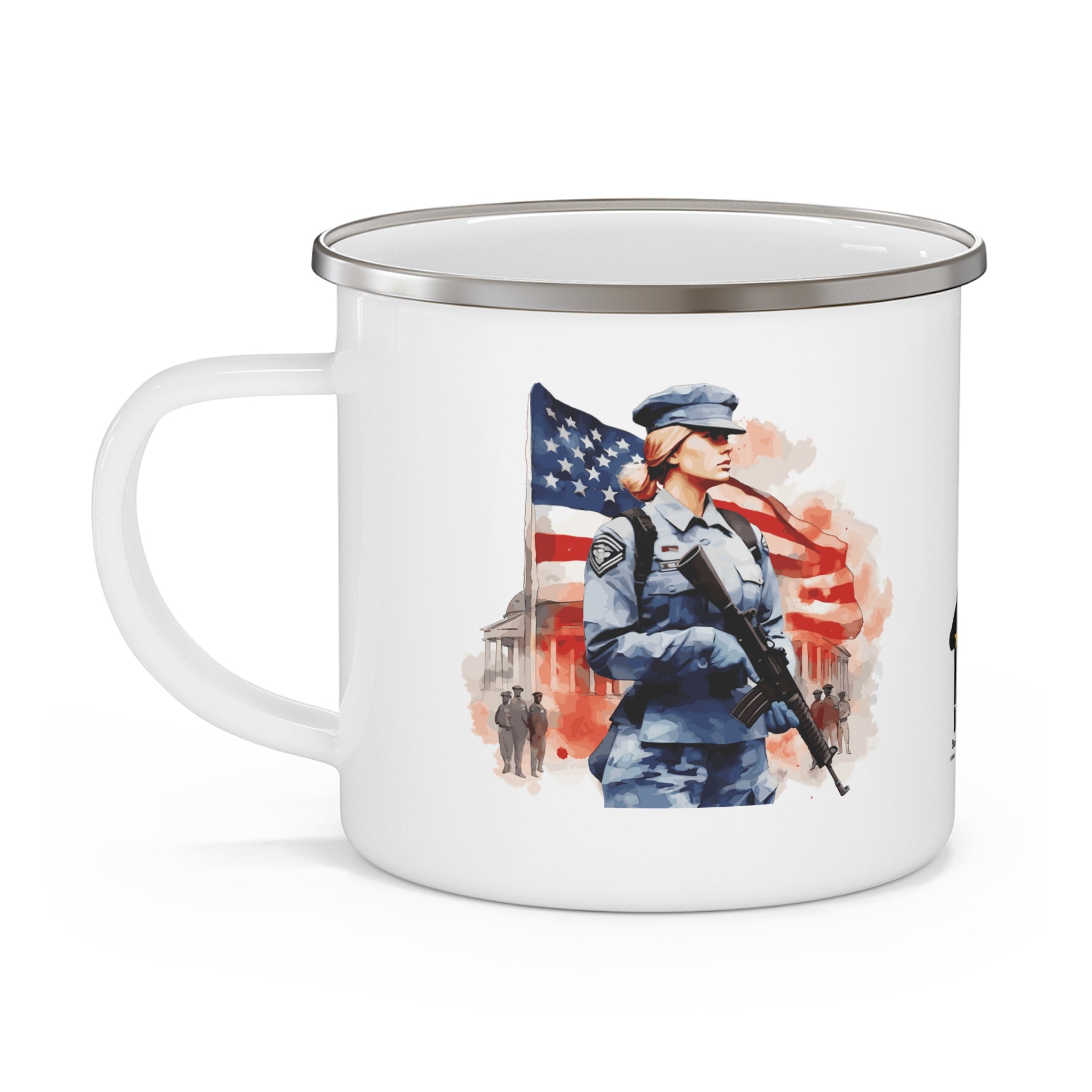 Strong Women Coffee Cup – Patriotic Female Soldier Enamel Mug